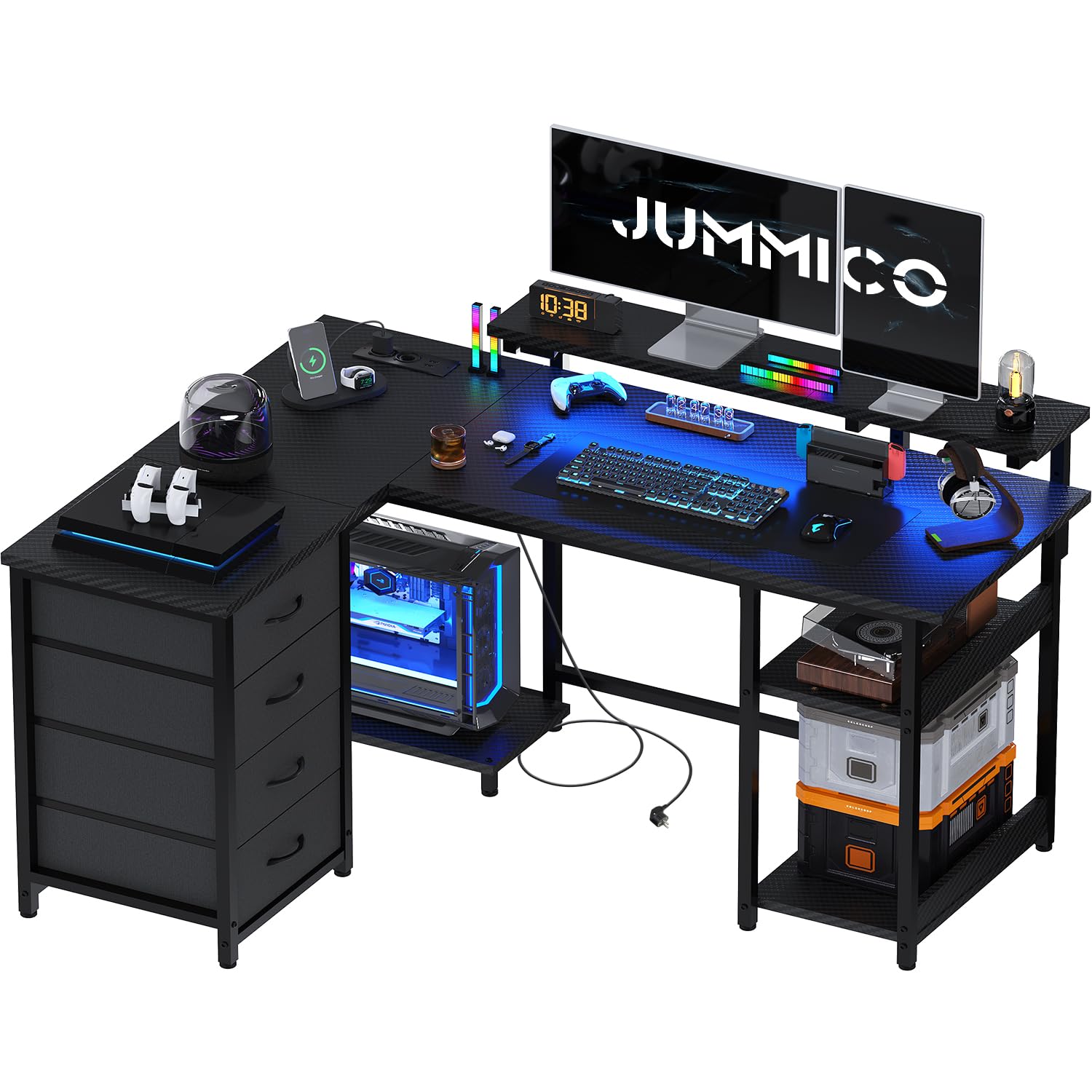 JUMMICO Scrivania Angolare a Forma di L 135 cm con Luci LED, Scrivania per Computer Ufficio Casa, Tavolo da Gaming con Ripiani Portaoggetti, Struttura Stabile e Design Reversibile, Nero
