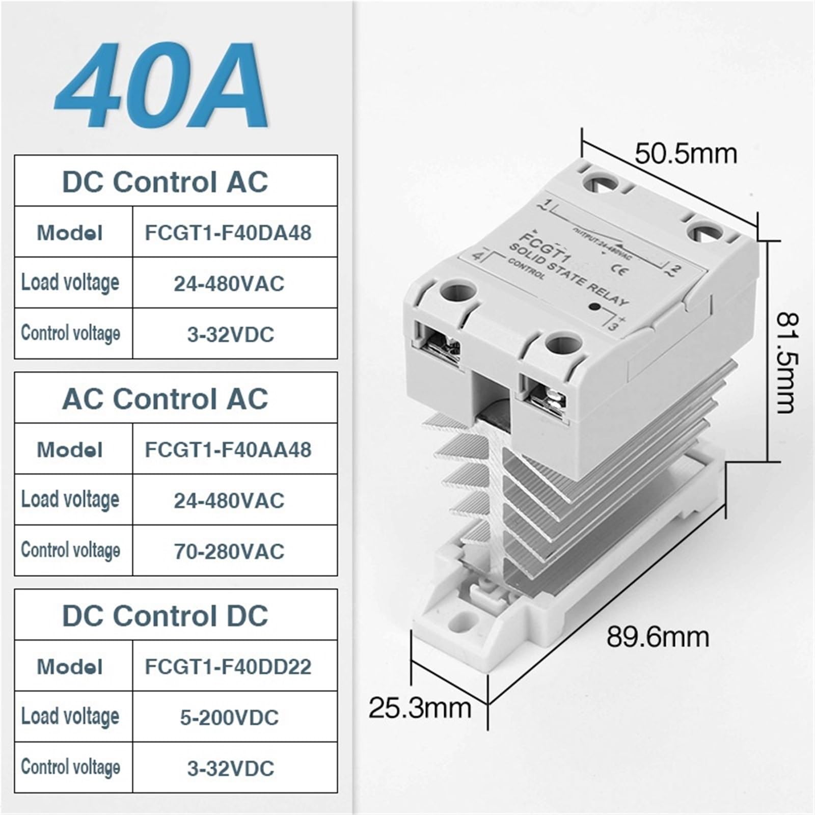 Relè a stato solido SSR sottile monofase da 10 A, 25 A, 40 A, 60 A, 80 A, 100 A con dissipatore di calore, relè industriale, montaggio su guida DIN, 1 pezzo(AC control AC,40A)