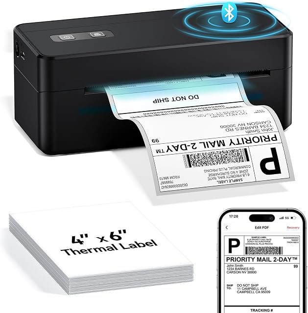 Bluetooth Thermal Shipping Label Printer for Canada Post, 4x6 Thermal Label Printer for Small Business, Wireless Label Printer Compatible with iOS Android Phone&Pad&PC, Used for UPS, FedEx, Tiktok
