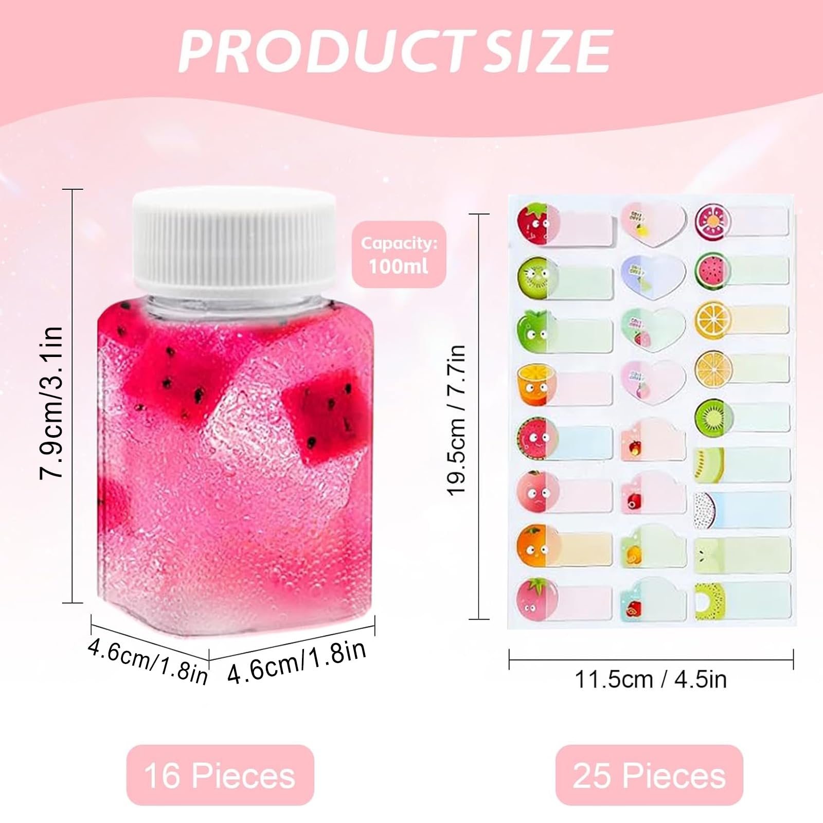 16 przezroczystych butelek plastikowych, 100 ml, puste kwadratowe butelki z tworzywa sztucznego, mini butelki do smoothie, soku, wielokrotnego użytku, do mleka, kawy