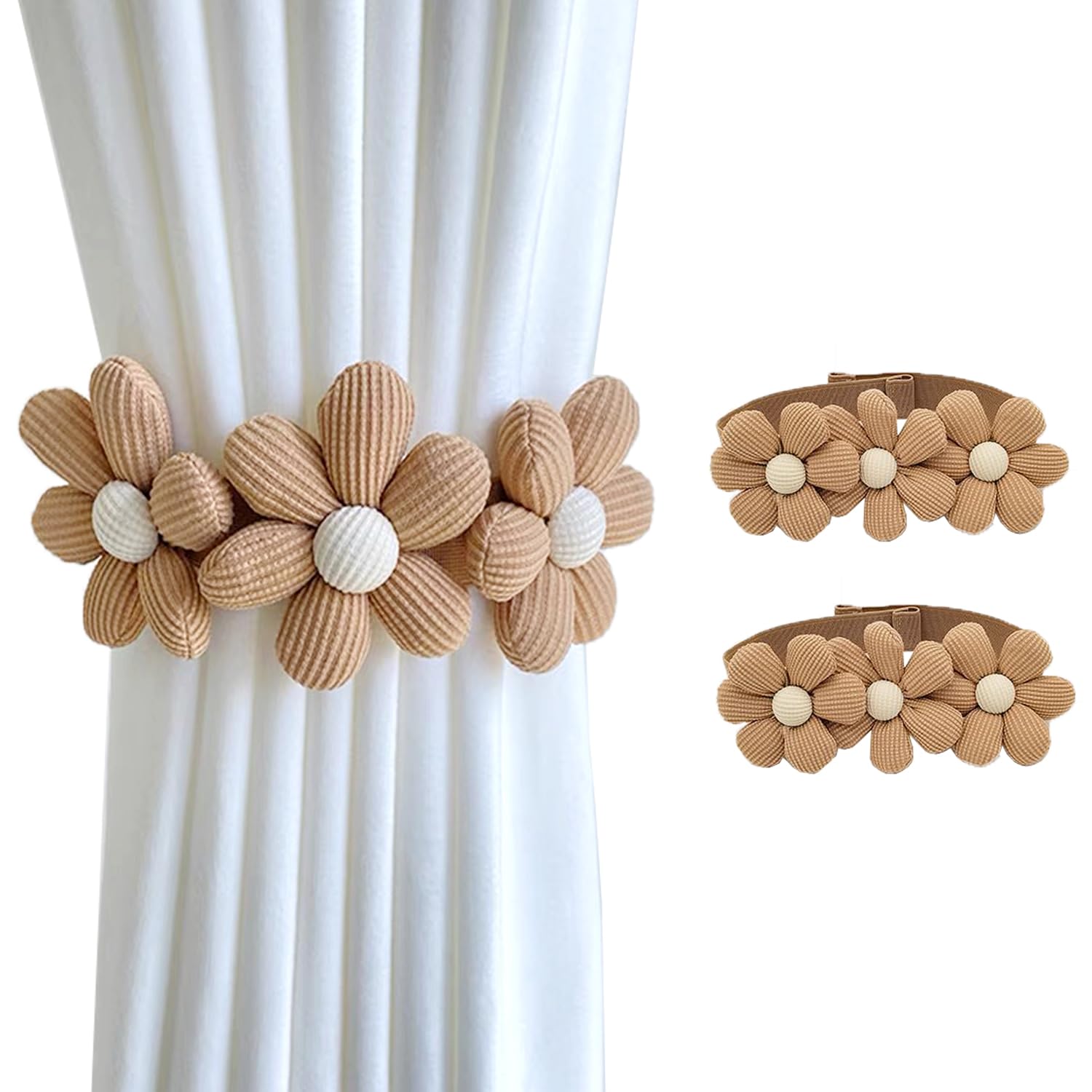 SRG Sunflower Curtain Tiebacks-2 Pack | Curtain Holdbacks with Three Flower | Curtain Tiebacks Boho | Japanese Curtain Ties | Cute Flower Curtain Ties