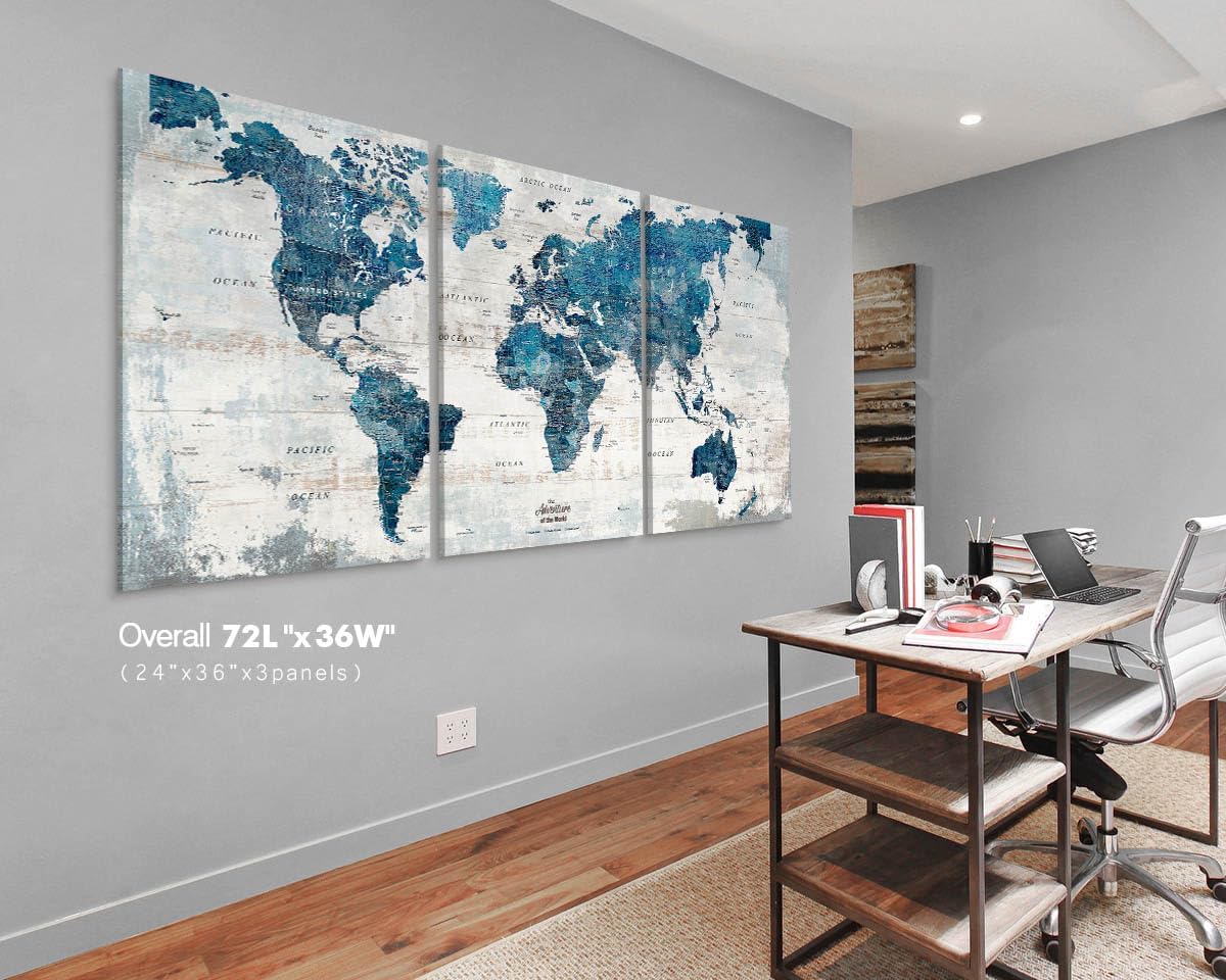 Office Wall Art Extra Large Modern World Map Push Pins for Travel Lover