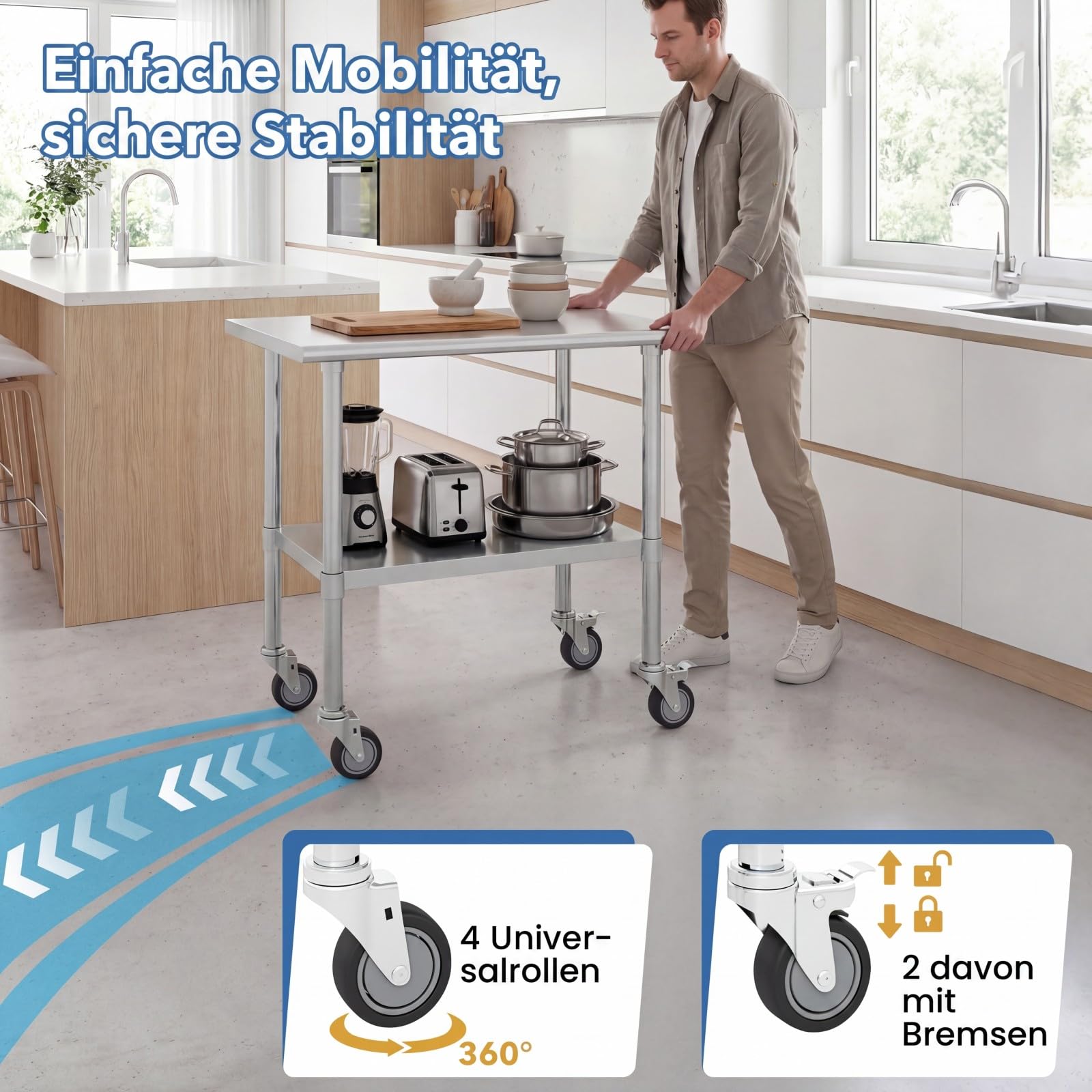 GIANTEX Edelstahl Arbeitstisch Edelstahltisch mit Rollen, Küchentisch mit höhenverstellbarer Ablage, 2 Ebenen, 91,5 x 61 x 88,5 cm, Küche Lebensmittel Zubereitungstisch, für Küche Bar
