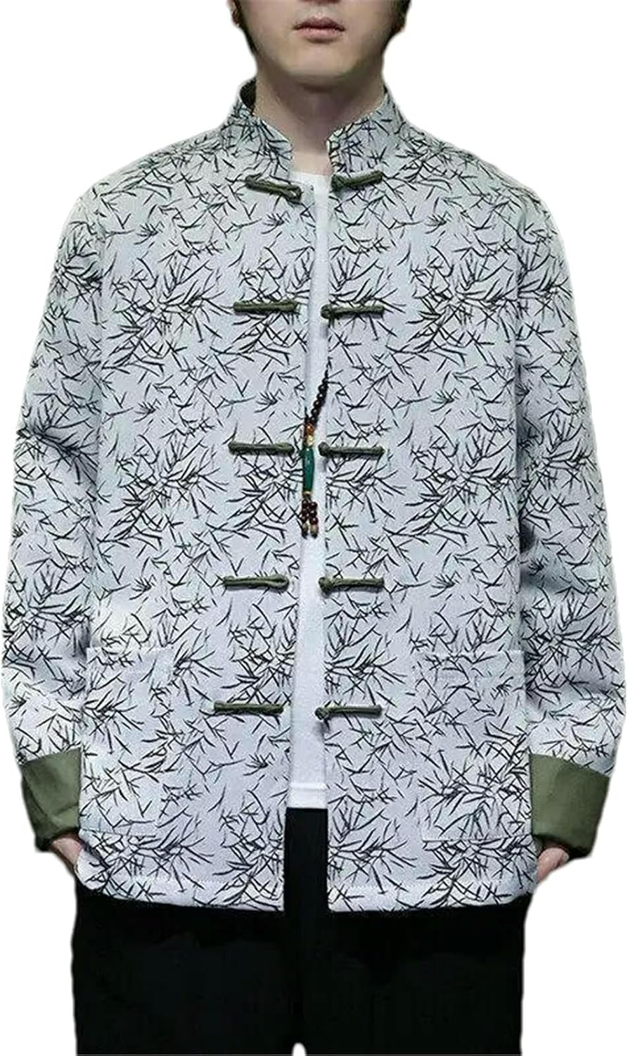JXQXHCFS Men’s Chinese Tang Suit Shirt Traditional Frog Button Hanfu Stand Collar Long Sleeve Vintage Embroidered Coat