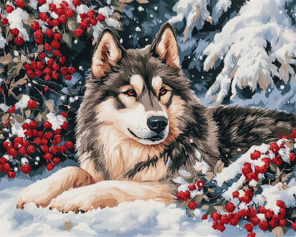 Henypt 11Ct DIY Stamped Cross Stitch Kit Embroidery Kit Alaskan Malamute and Flowers in The Snow Counted Cross Stitch Kits Oil Painting Counted Cross Stitch Kits for Adults Beginners, Stamped Print