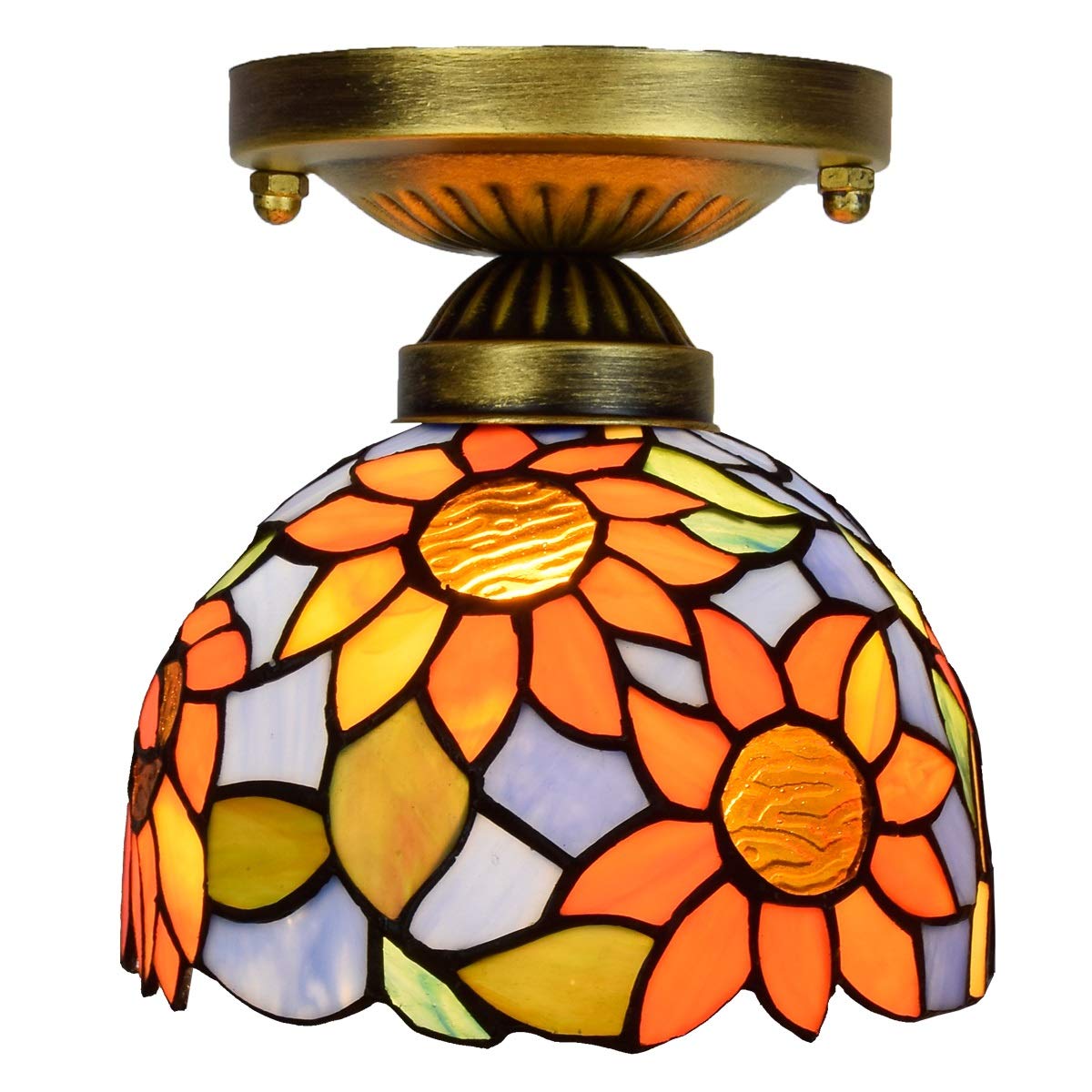 HPTHLY Stained Glass Ceiling Lighting 8" Mediterranean Sunflower Tiffany Stained Glass Aisle Corridor Balcony Sun Flower Light Small Ceiling Light