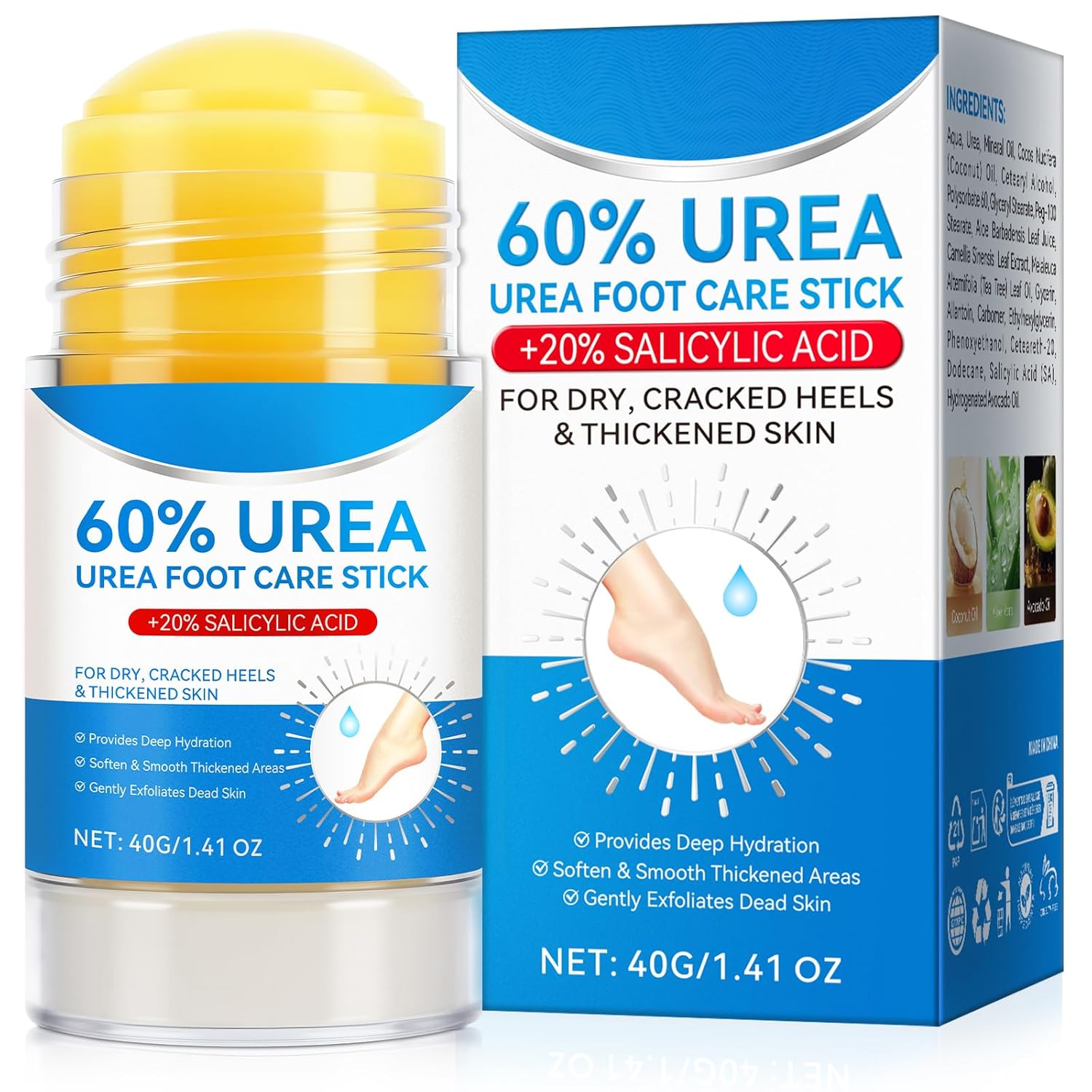 WeiWeiLa Urea Cream, Intensive Foot Repair Stick 60% Urea with 2% Salicylic Acid Heel Balm Stick, Maximum Strength Callus Remover Foot Care Cream for Cracked Heels, Dry Feet & Rough Skin