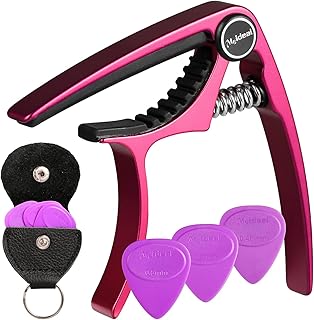Guitar Capo, Meeland Purple Aluminium Guitar Capo Key Clamp for Acoustic Guitar/electric guitar/Ukulele/Bass With Guitar Picks and Leather Picks Holder and Bridge Pins Puller Included (Pink)
