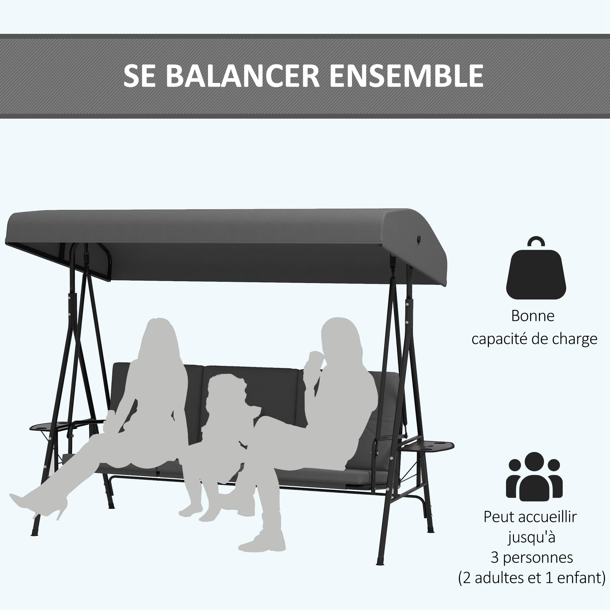 Outsunny Balancelle de Jardin 3 Places Grand Confort Toit réglable Acier Polyester Gris foncé
