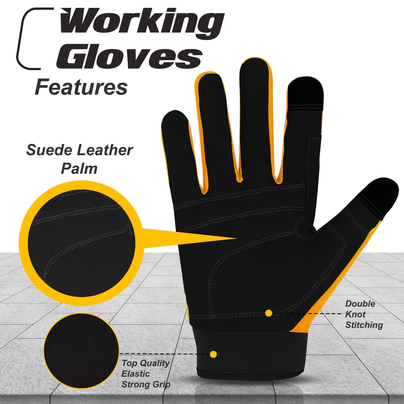 WESTWOOD FOX Safety Work Gloves Heavy Duty Gardening Gloves for Men Thorn Proof Padded Palm Protection Touch Screen Breathable Builder Mechanic Working Multi-Functional (Yellow, Small) - Image 2