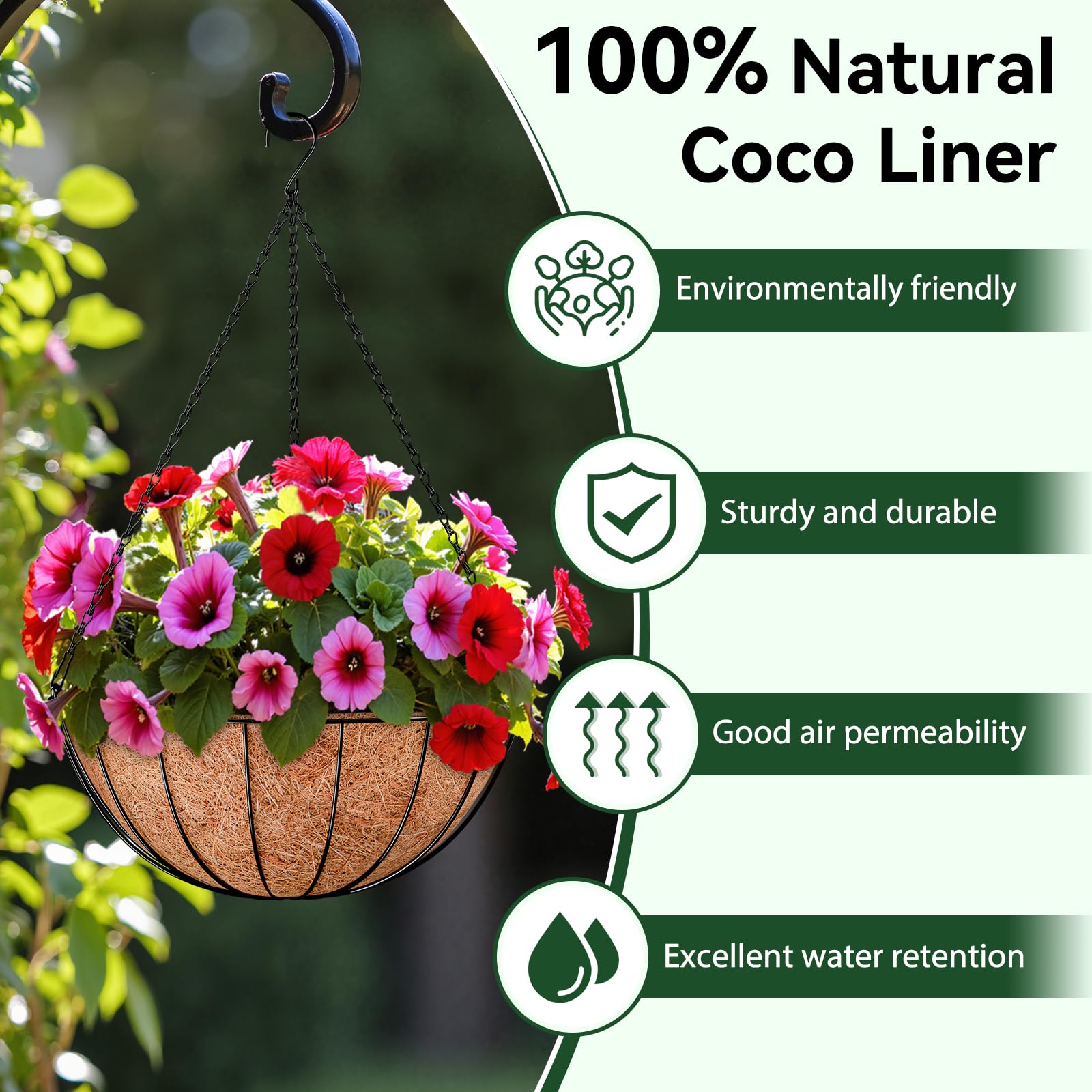 ZeeDix Wkładki kokosowe do doniczek, okrągłe wiszące wkładki do kosza, 100% naturalne, kokosowe, wymienne wkładki do kosza kokosowego, do wiszących doniczek, kwiatów, warzyw, 4 szt., 30 cm
