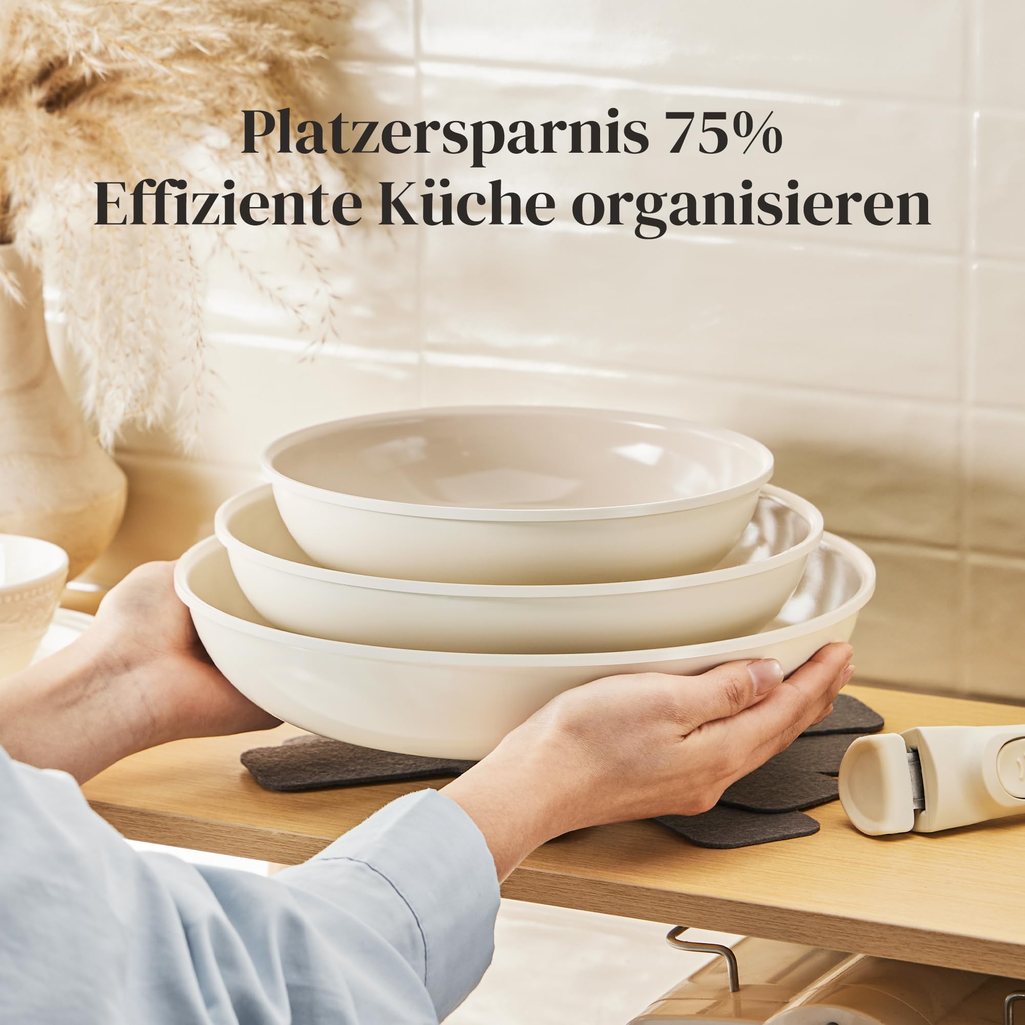 Redchef Pfannenset mit Abnehmbarer Griff, Pfanne Induktion, Keramikpfanne mit Antihaftbeschichtung, 6-Teiliges 20, 24, 28 cm Platzsparend Keramik Pfannen, PTFE-, PFOA- und PFAS-frei, Beige