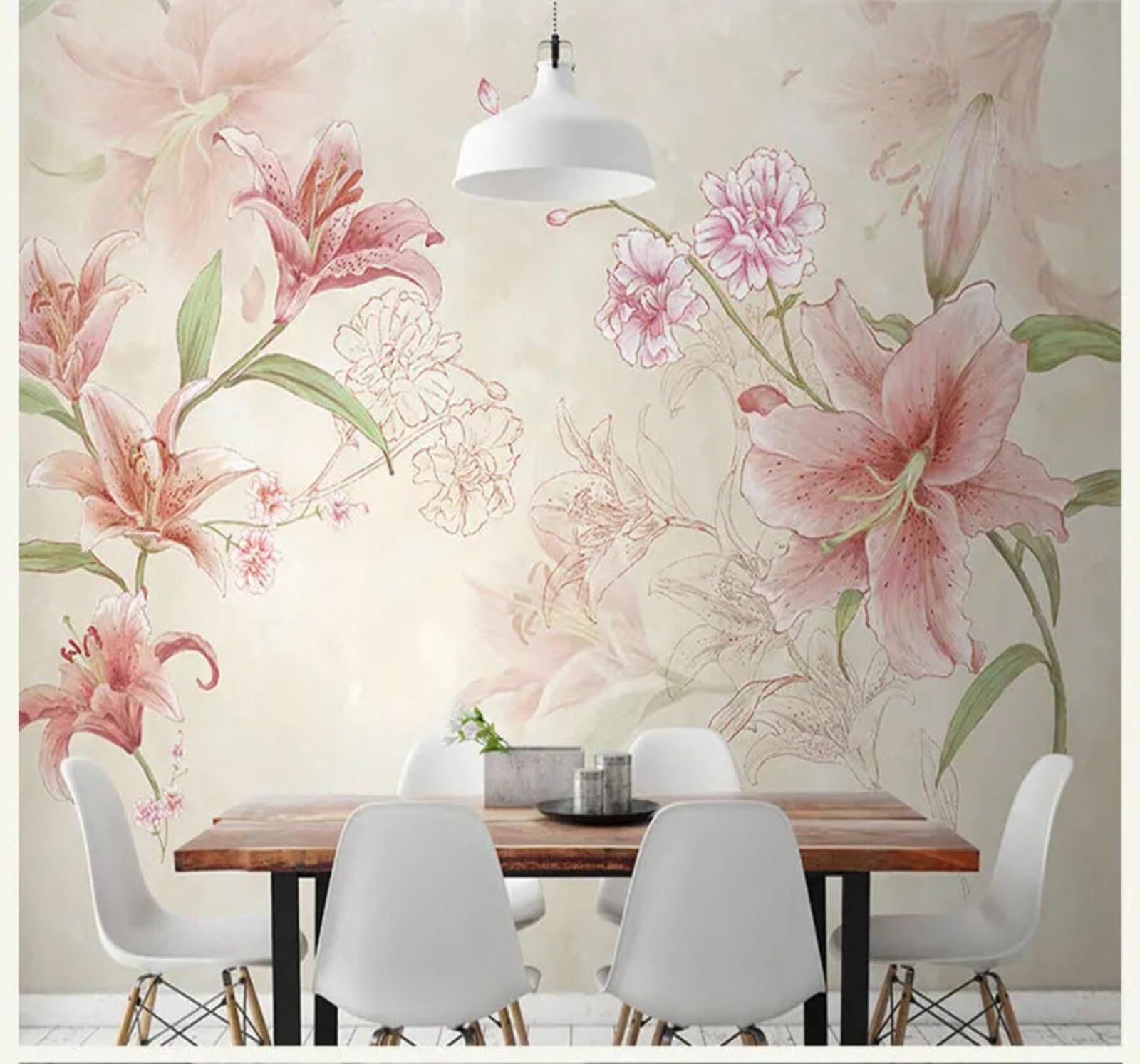 Xlming 250Cm×170Cm(B×H) Hand Drawn Cosy Beautiful Pink Lilies 3D Wallpaper Silky Texture Home Study Office Grey Dining Room Sofa Bedroom Living Room Tv Backdrop-250Cm×170Cm