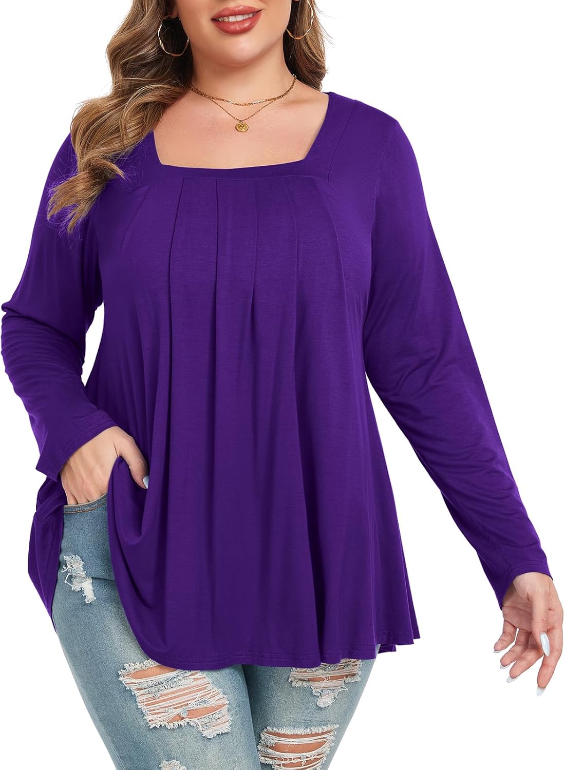 LARACE Womens Plus Size Tunic Tops Loose Fit Square Neck Long Sleeve Shirts