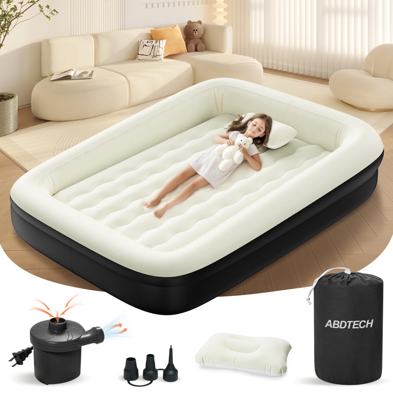 Abdtech Inflatable Toddler Travel Bed - 60 Inches Portable Toddler Air Mattress with Four Safety Sides - High-Speed Pump and Carry Bag - Comfortable Mattress & Easy to Inflate and Deflate - Black