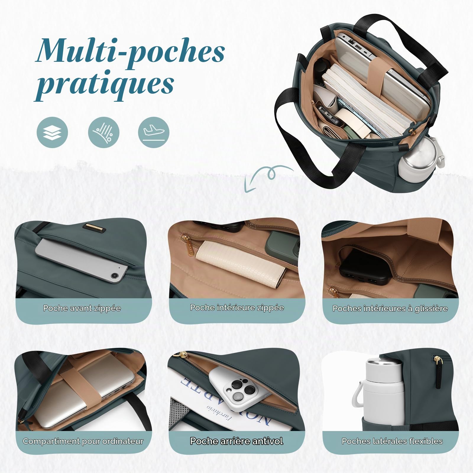 Sac à Dos Convertible pour Ordinateur Portable, Sac à Dos pour Ordinateur Portable pour Femme, Sac de Voyage Décontracté de 15.6 Pouces, pour l'université, les Voyages, le Travail (Vert Foncé)