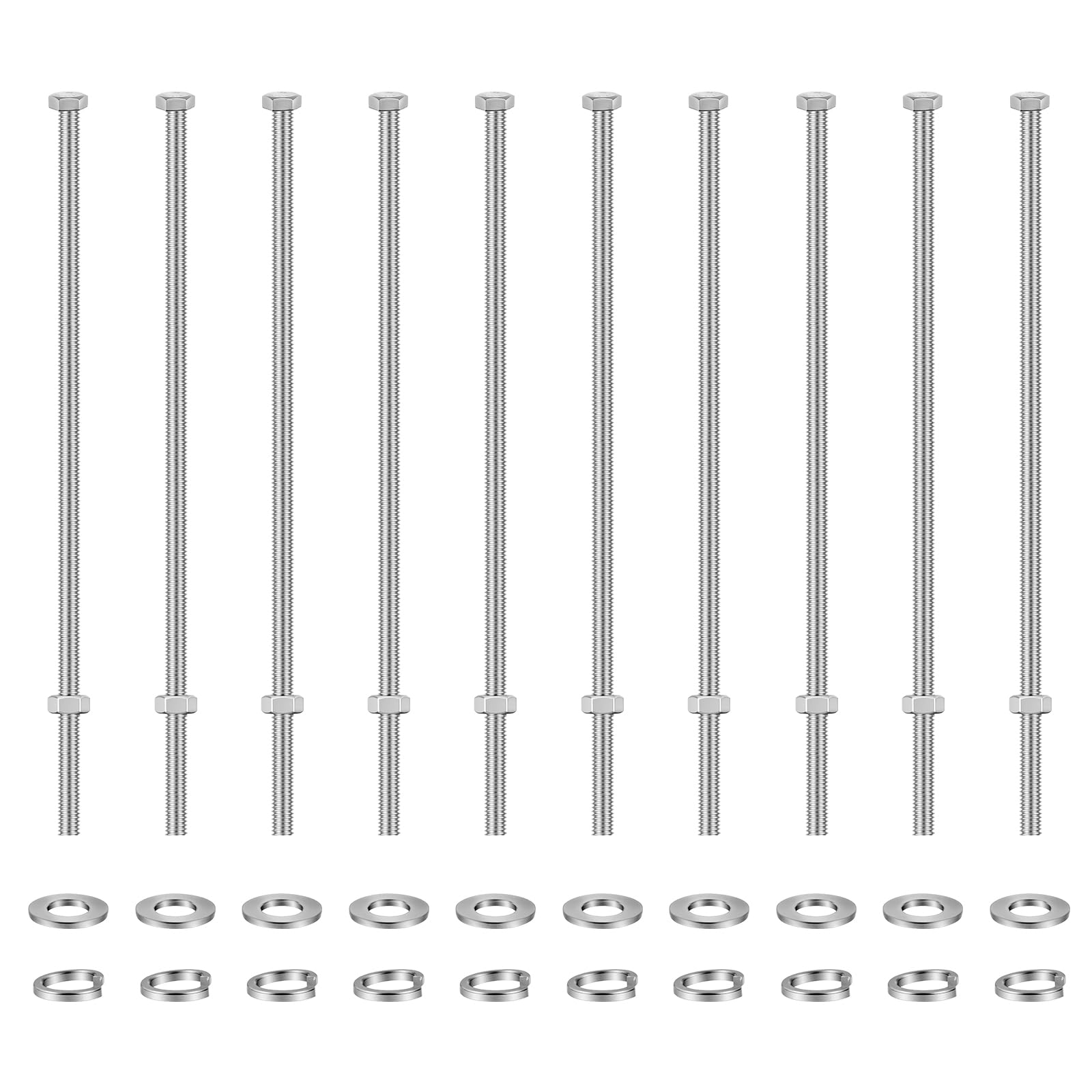 AOOSU M6 x 200mm 304 Stainless Steel Hex Head Through Wall Bolts, Fully Threaded Wall Anchor Screws with Nuts, Flat & Lock Washers, 10 Sets, Heavy Duty for Metal Construction, Machinery Use