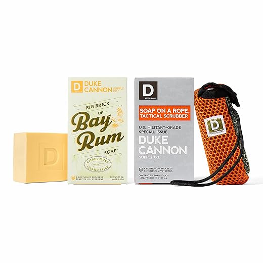 Duke Cannon Soap On A Rope Bundle Pack: Tactical Scrubber + Big A Brick of Soap for Men -"Smells Like Productivity"