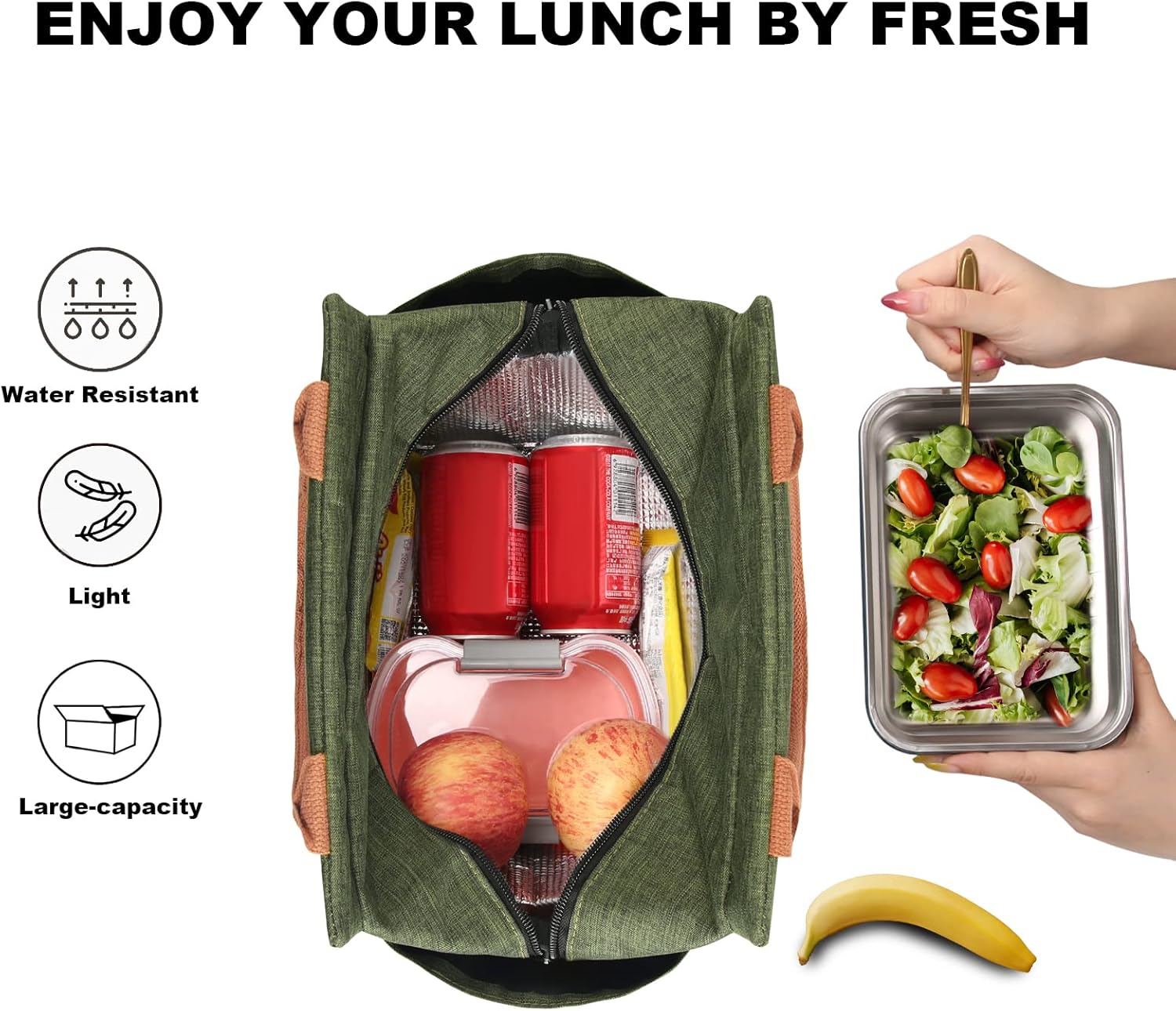 Joymee Lunch Bag Women Insulated Lunch Box Reusable Leakproof Large Spacious Cooler Tote for Womens Mens Adults with Bottle Holder and Side Pockets for Work Office Travel Picnic - Green - Image 3