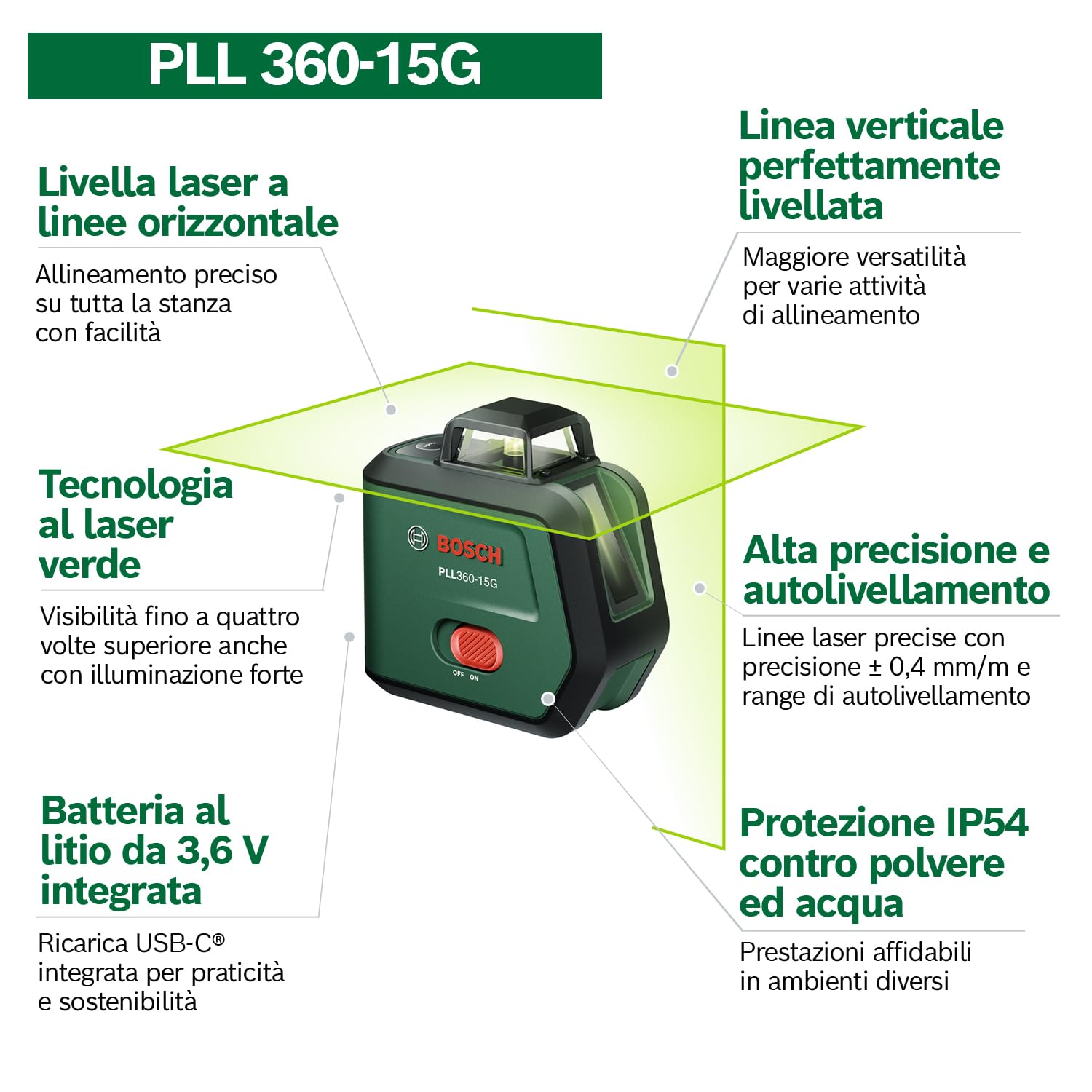 Bosch Livella Laser a Linee PLL360‑15G (linee laser verdi a 360°, IP54, batteria Li‑ion con ricarica USB‑C, incl. supporto TT120, custodia e manuale)