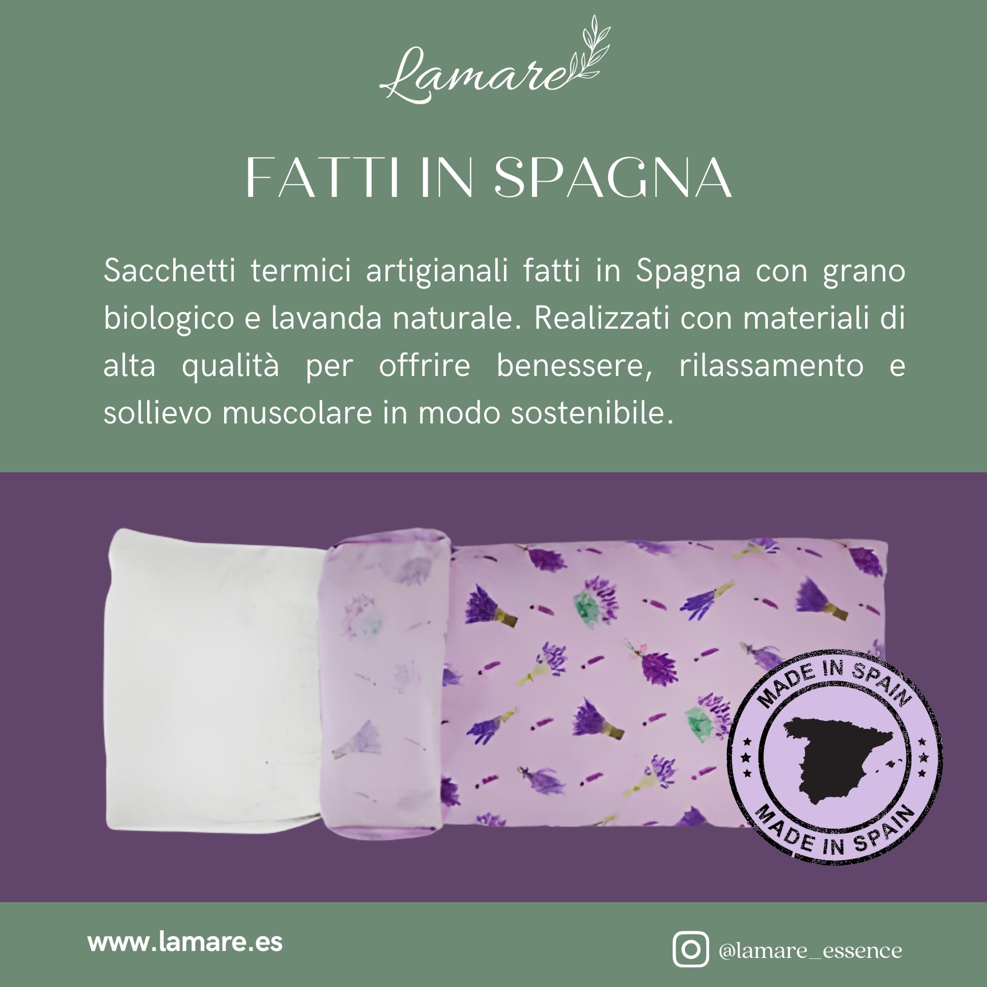 Lamare - Cuscino termico con semi di grano ecologico e lavanda, 48 x 15 cm, rivestimento lavabile 100% cotone, per cervicale e coliche, terapie a freddo e caldo, Lavanda stampata