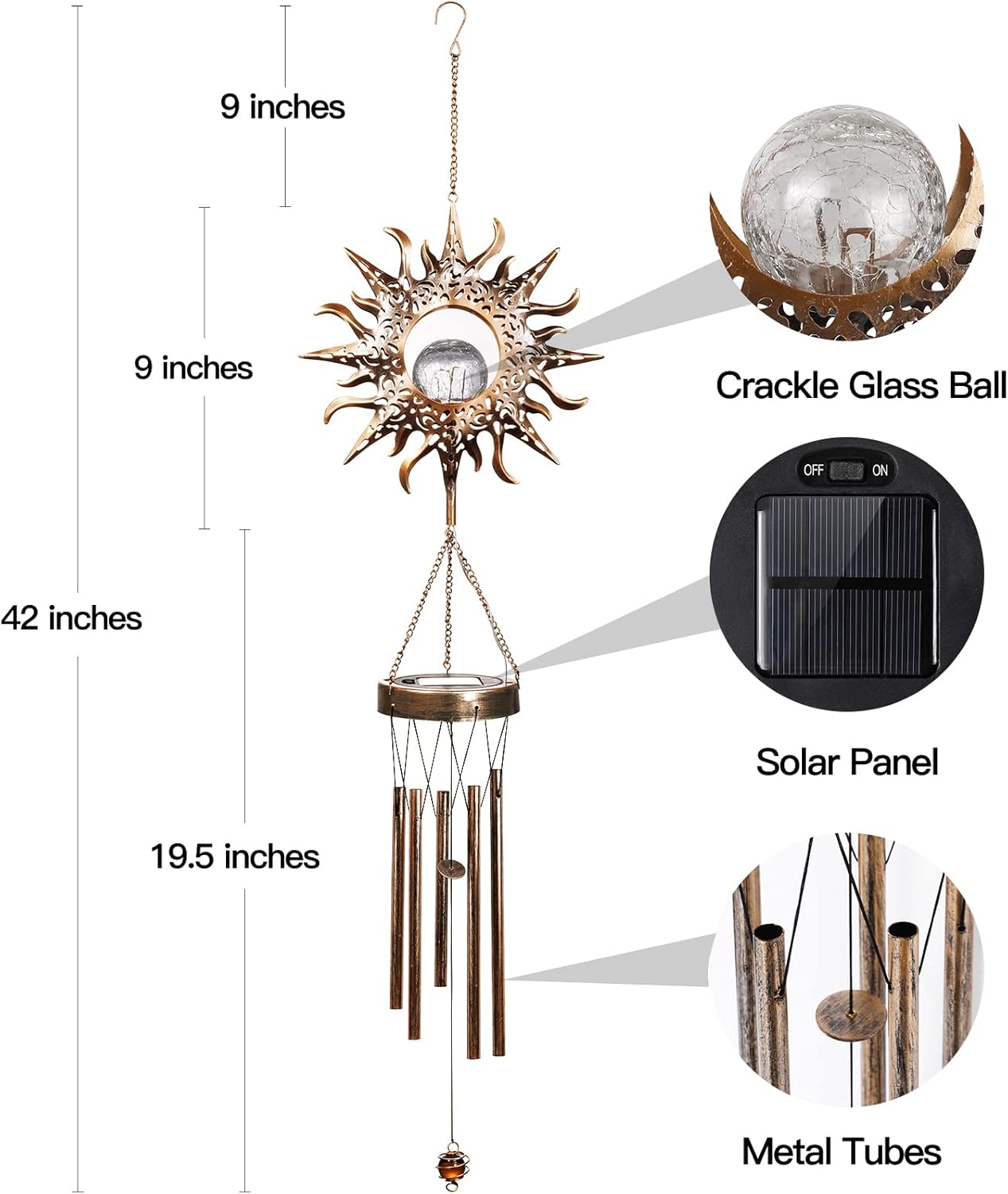 Solar Wind Chimes, Sun Wind Chime Outdoor Clearance w/Glowing Crackle Glass LED Unique Wind Bells for Outside Waterproof Chimes, Gifts for Her/Him (42" Long Metal Chimes)… - Image 6