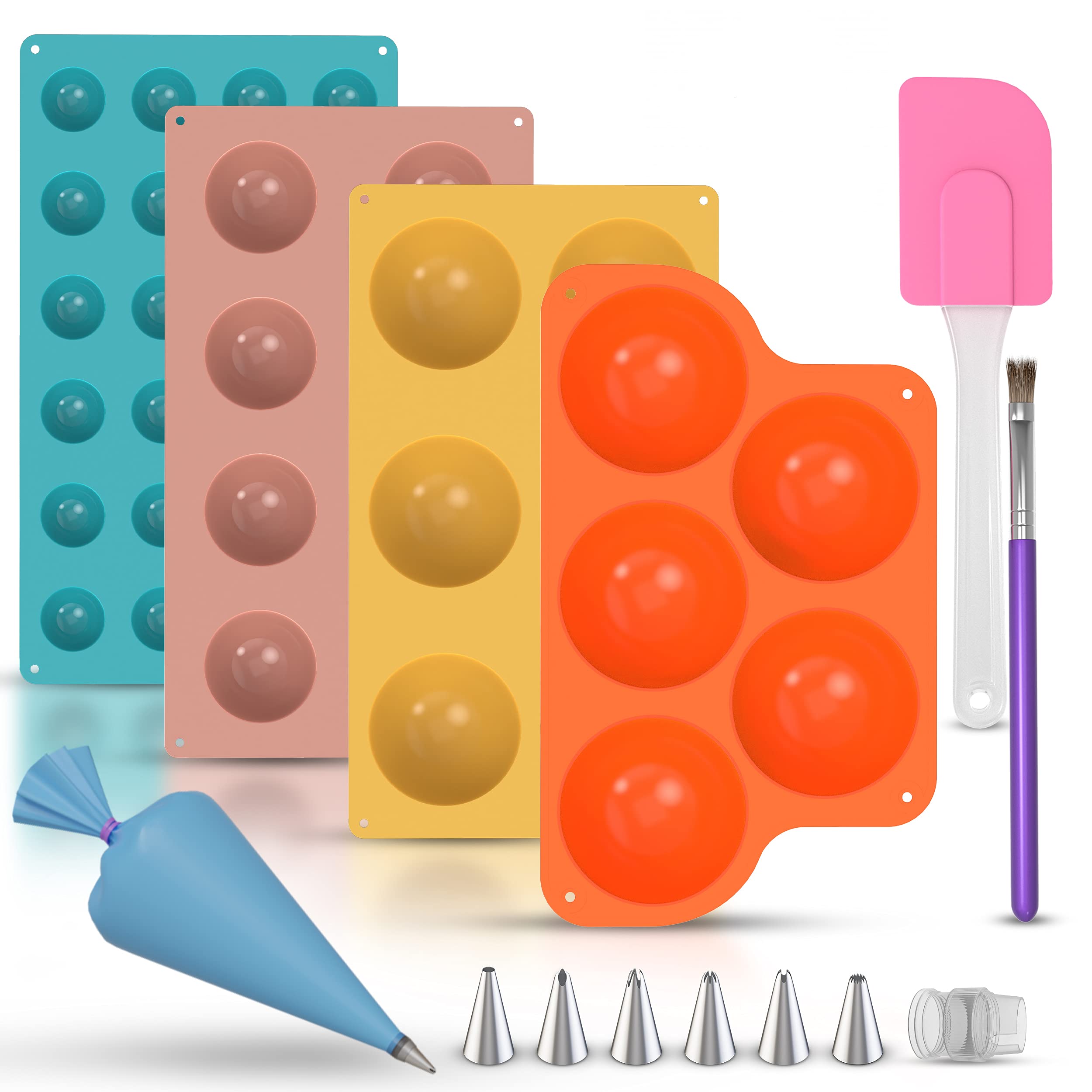 EnergyBudHot Chocolate Bomb Mold Kit Hot Cocoa Bomb Set 7 Pack Semi-Sphere Silicone Chocolate Shape Maker BPA Free Multi-Sized for Cake Bombs, Candy & Soap With Spatula, Brush, Piping Bag & 6 Nozzles