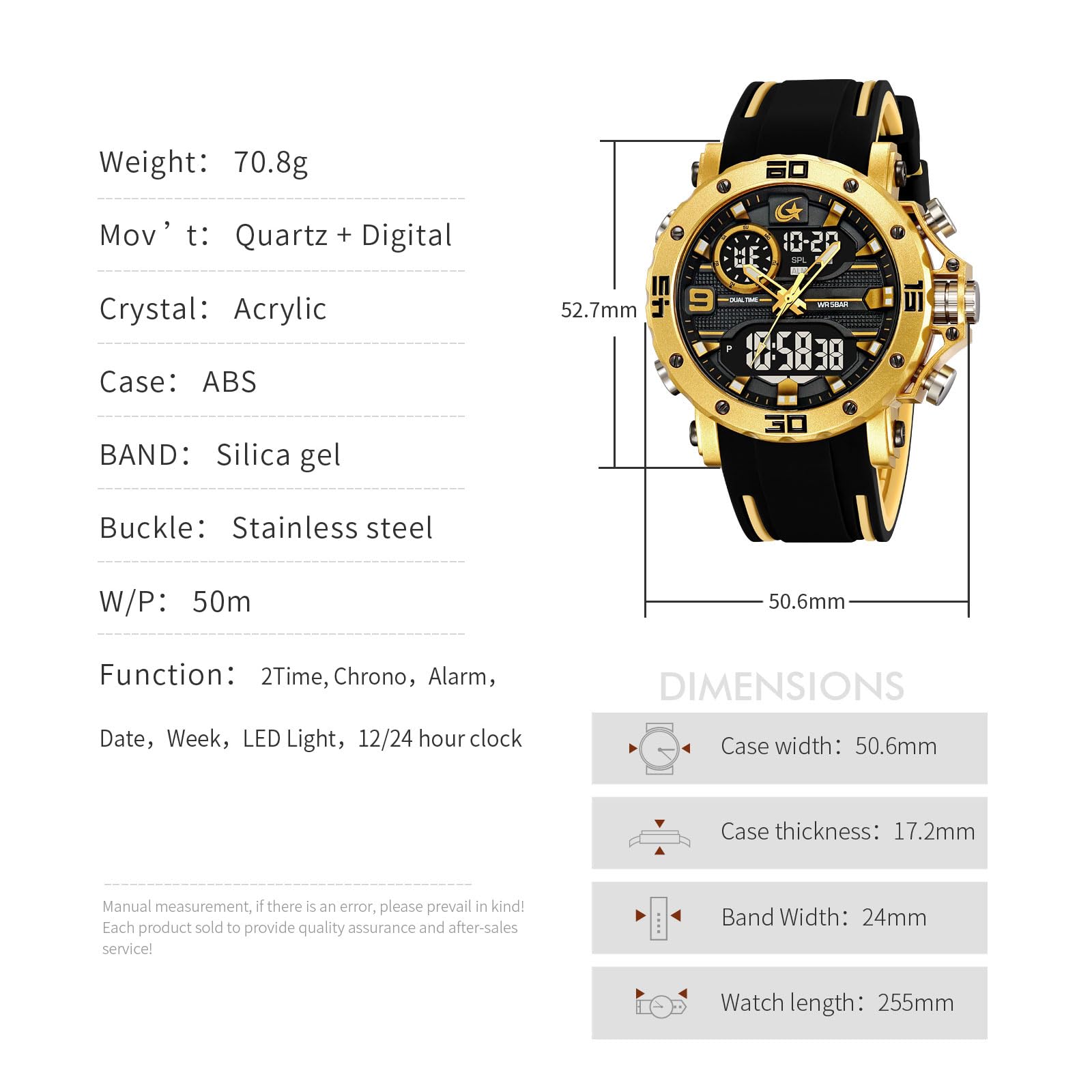 findtime Reloj de hombre militar digital analógico deportivo para exteriores, doble hora, resistente al agua, iluminación LED, esfera grande, reloj con alarma, fecha, 12/24 h, cronómetro, cronómetro