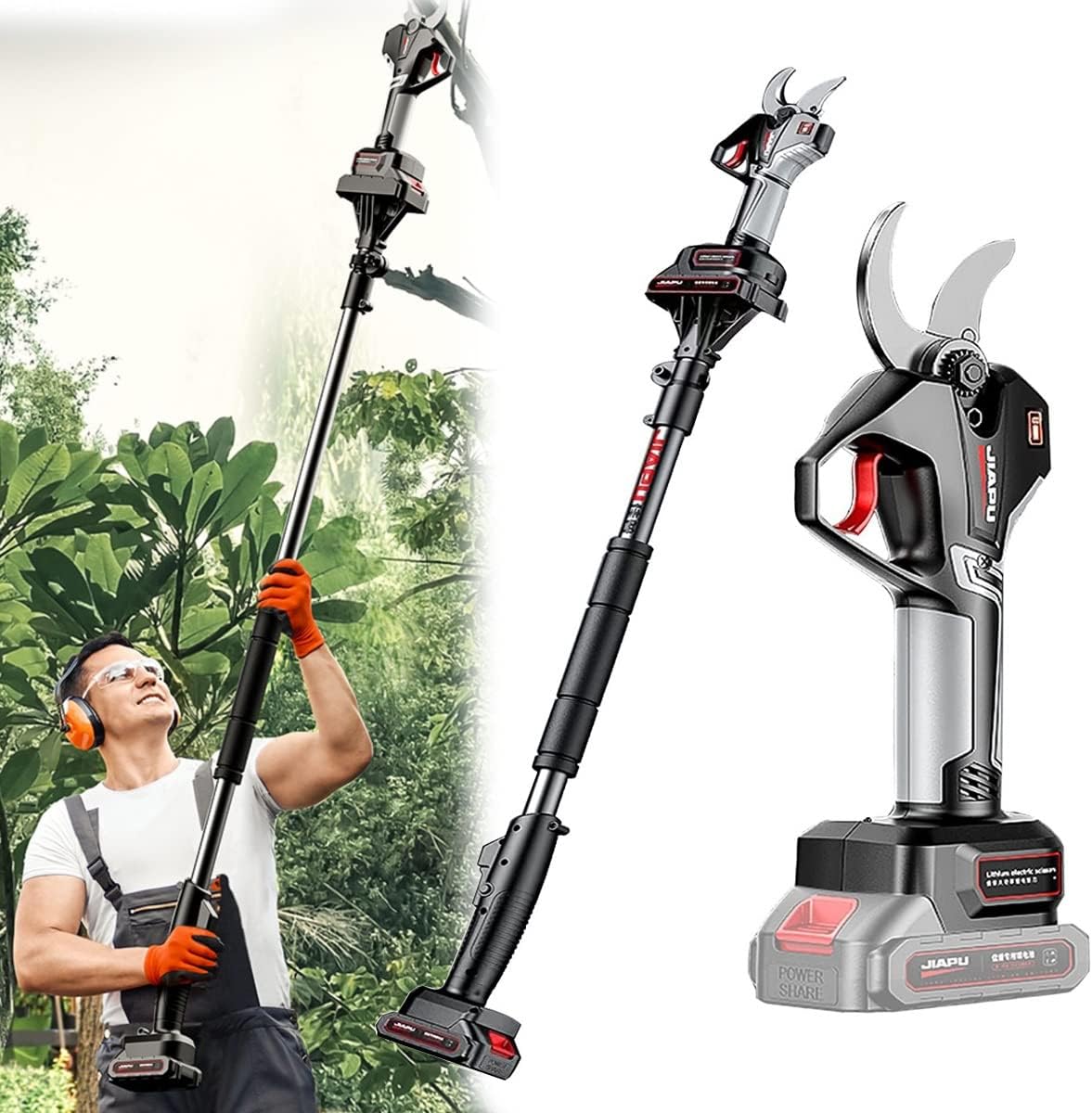 Electric Pruning Shears with Extension Pole, Rechargeable Cordless Tree