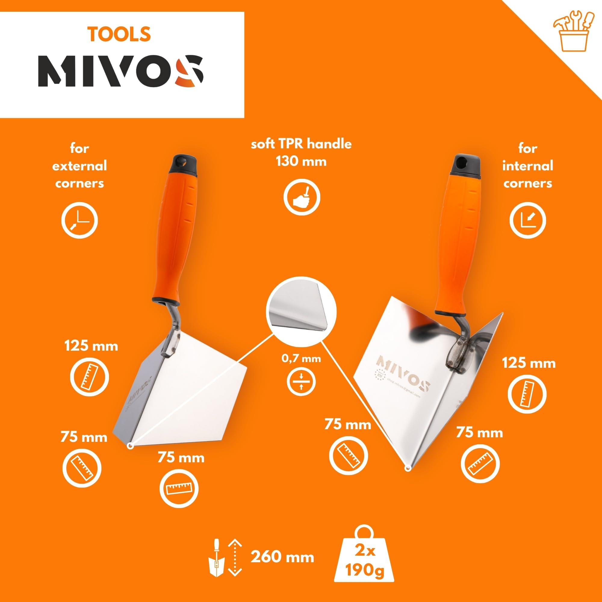 Mivos 2 x truelles d'angle inoxydables 125 x 75 mm - intérieur et truelle d'angle extérieur en acier inoxydable - intérieur et extérieur avec manche souple - Spatule - MADE IN EU
