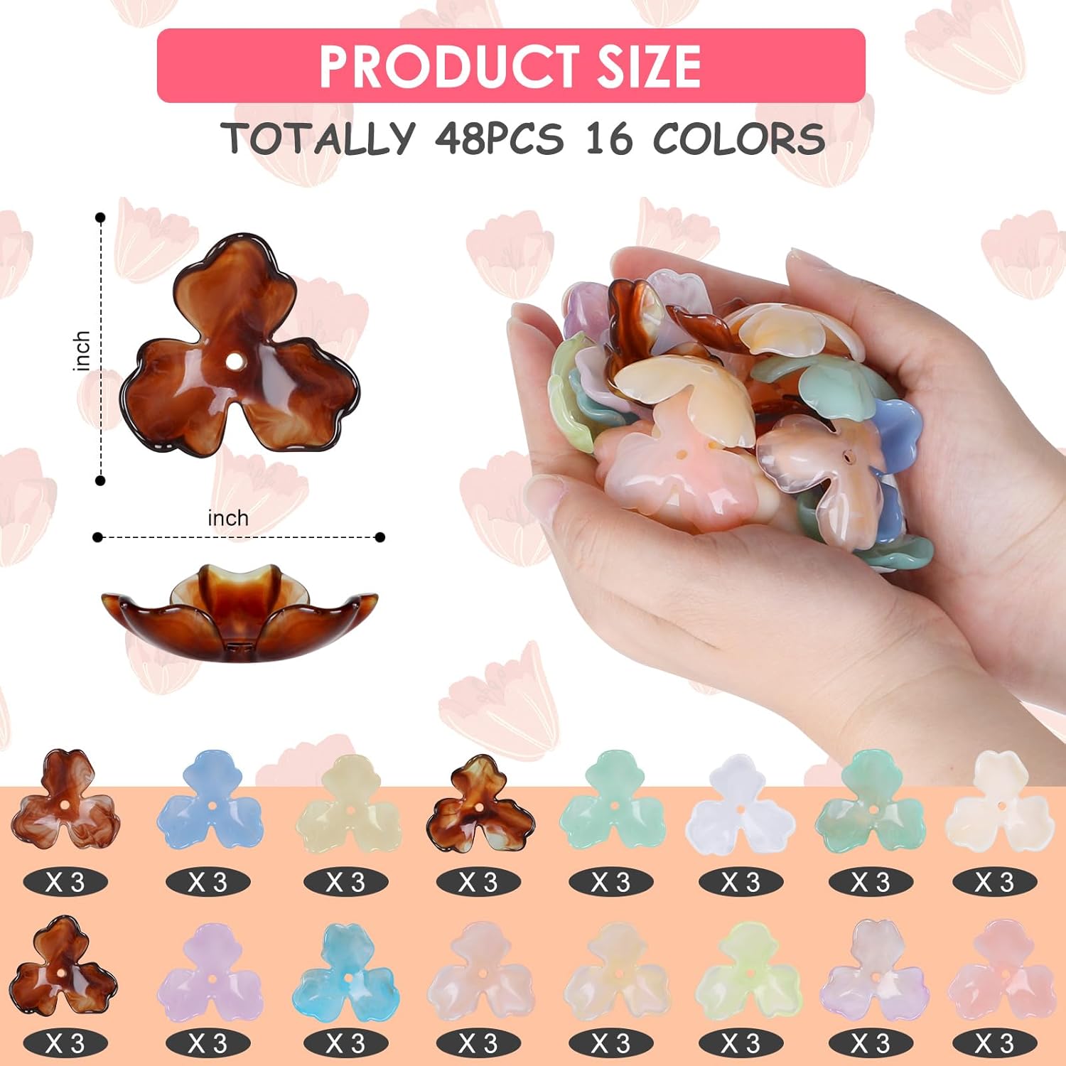 48Pcs 16 Styles Acrylic Flower Bead Caps 3-Petal Flower Bead End Caps Spacer Charms Plastic Floral Loose Craft Beads for DIY Earring Bracelet Necklace Jewelry Making - Image 3