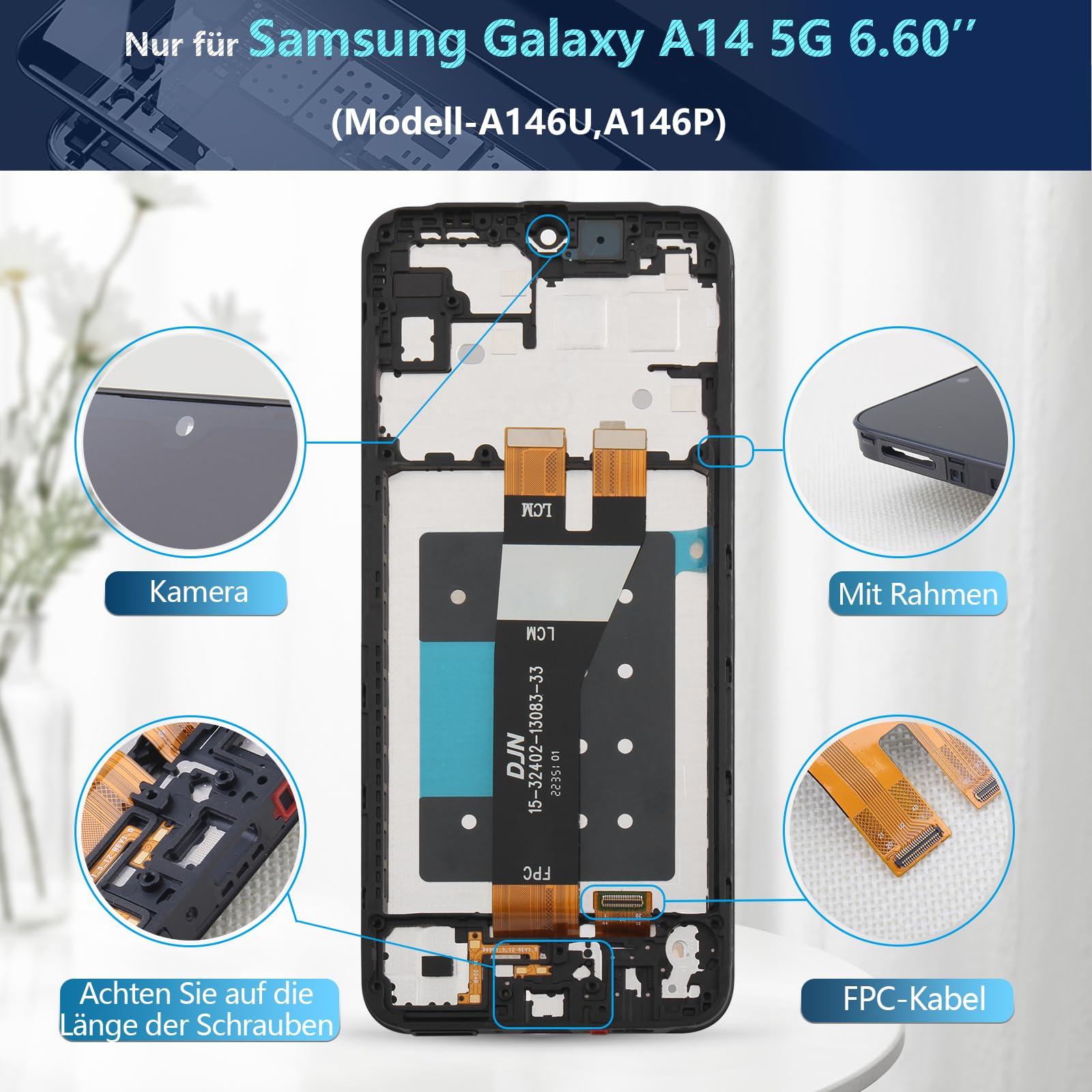 RongZy LCD Display für Samsung Galaxy A14 5G A146U A146P Touchscreen und LCD Bildschirmersatz mit Reparatur Werkzeuge Kit(Schwarz mit Rahmen)