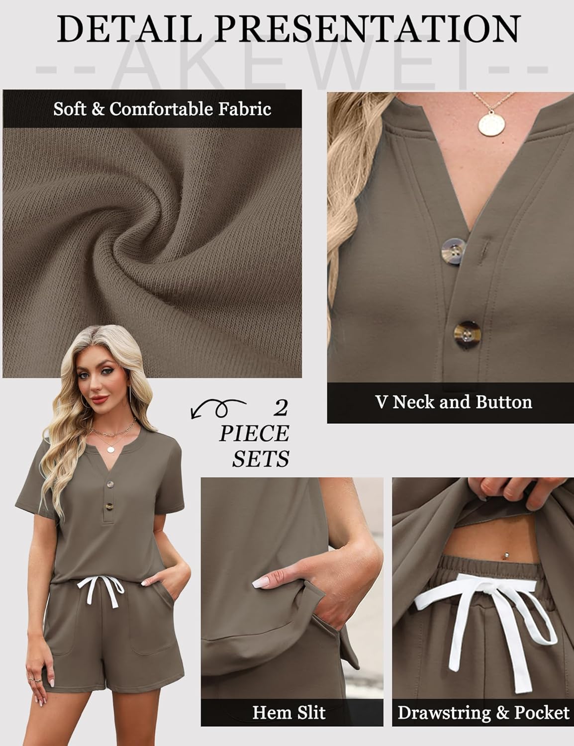 AKEWEI Womens Two Piece Outfits Summer Lounge Sets Tracksuit V Neck Buttons Down Tops and Shorts Set with Pockets - Image 6