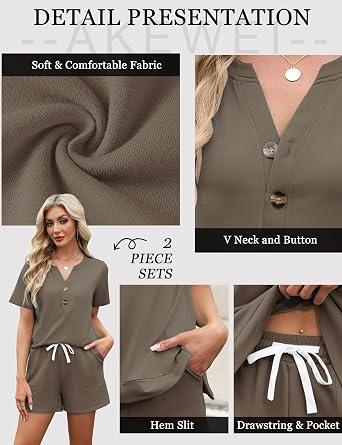 AKEWEI Womens Two Piece Outfits Summer Lounge Sets Tracksuit V Neck Buttons Down Tops and Shorts Set with Pockets