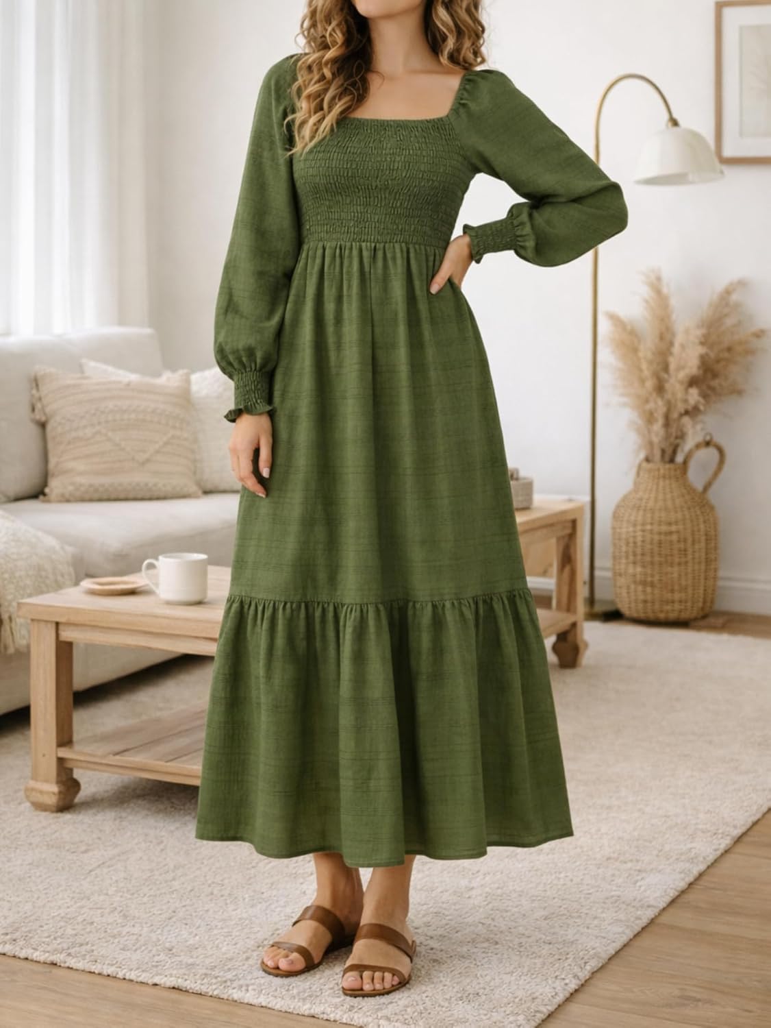 LIGHT DOT Women's Square Neck Maxi Casual Dress Modest Long Sleeve Tiered Flowy - Image 3