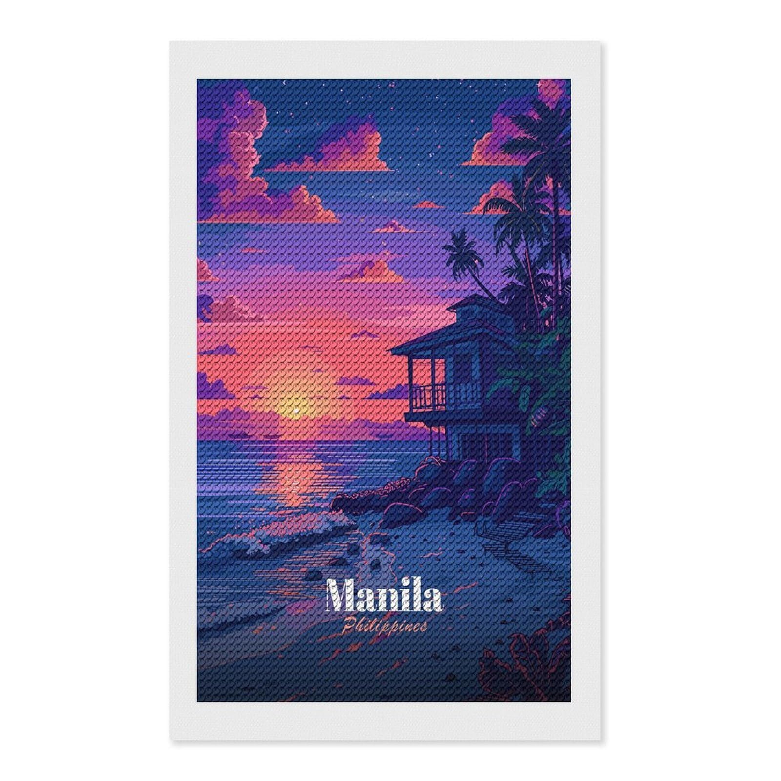 Junmoney Manila Philippines Sunset Beach House Diamond Art Kit 12"x20", Modern Decor, for Adults, Printed Canvas, Holiday Gift Idea, Fun Craft Experience