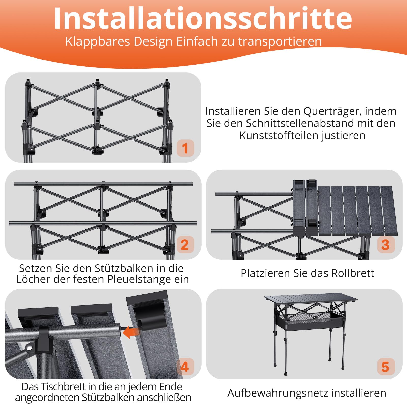 FUNYKICH Campingtisch Klappbar 82 x 40cm, Klapptisch mit 2 Höhenverstellbar(44/70cm), Einfache Montage, Tragbar Falttisch mit Netztasche Aluminium Aufrollbare Tischplatte für BBQ Camping Party Garten