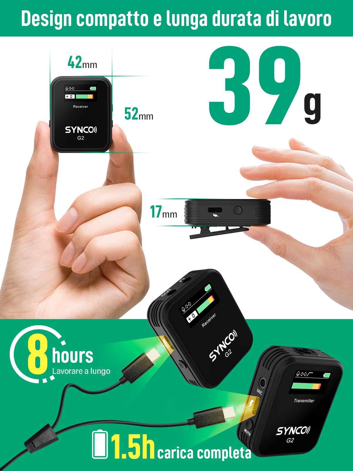 SYNCO Microfono Lavalier Wireless, G2 A1 2.4GHz Microfoni Senza Fili Professionale per Fotocamera Reflex e Videocamera Smartphone iPhone/Android, Microfono-Lavalier-Wireless-Professionale-Fotocamera