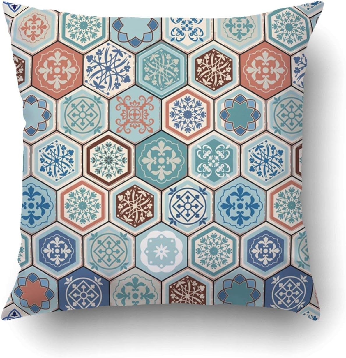 Jhonangel Decorative Throw Pillow Cover Case for Bedroom Couch Sofa Home Decor Oriental pattern Realistic Vintage Moroccan Portuguese hexagonal tiles Patchwork Square 18 x 18 Inches Moroccan