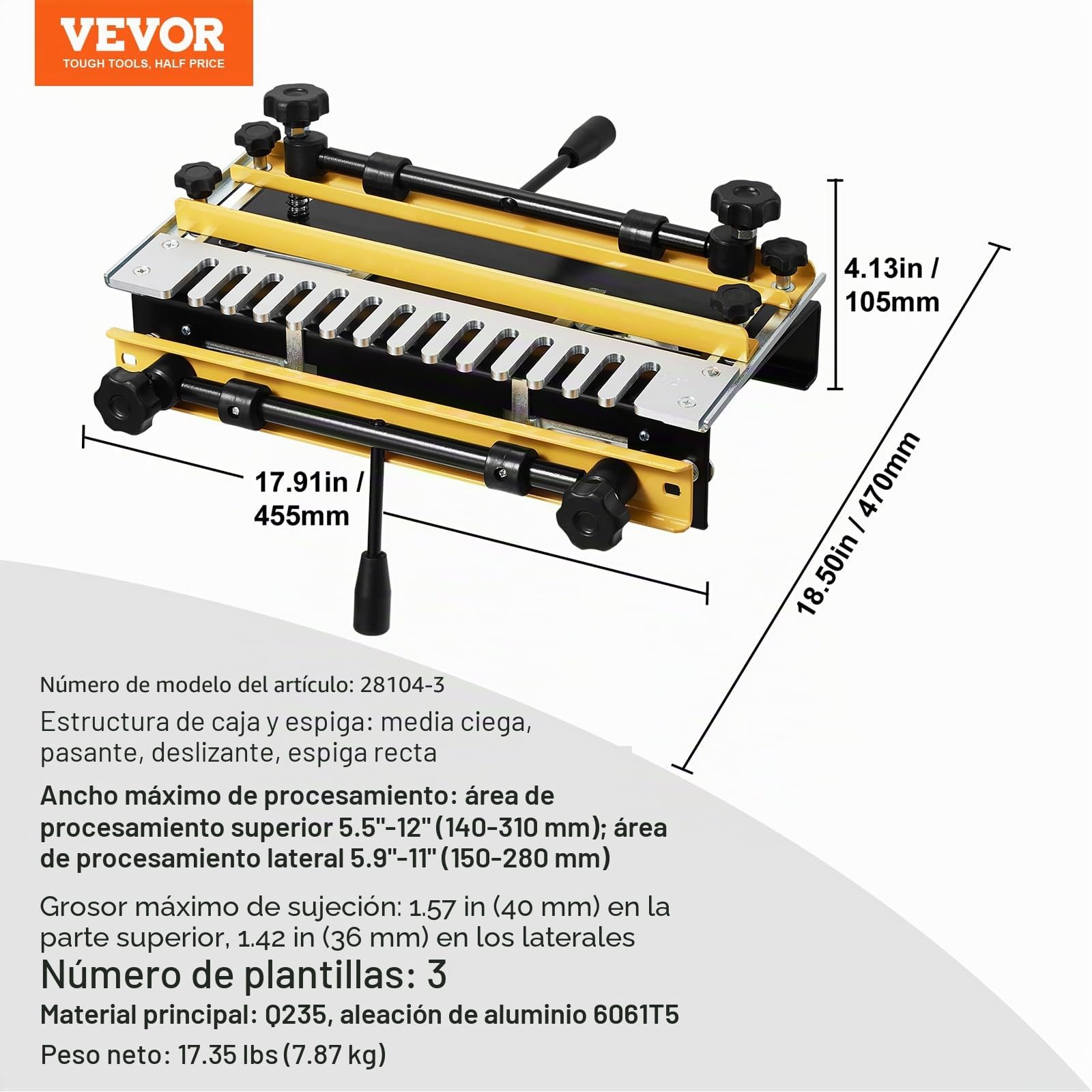 VEVOR Plantilla de Cola de Milano Ancho de 31 cm, Máquina de Colas de Milano 4 Brocas, Plantilla de Mortaja y Espiga, Herramienta de Carpintería para Fabricación de Muebles y Gabinetes de Madera