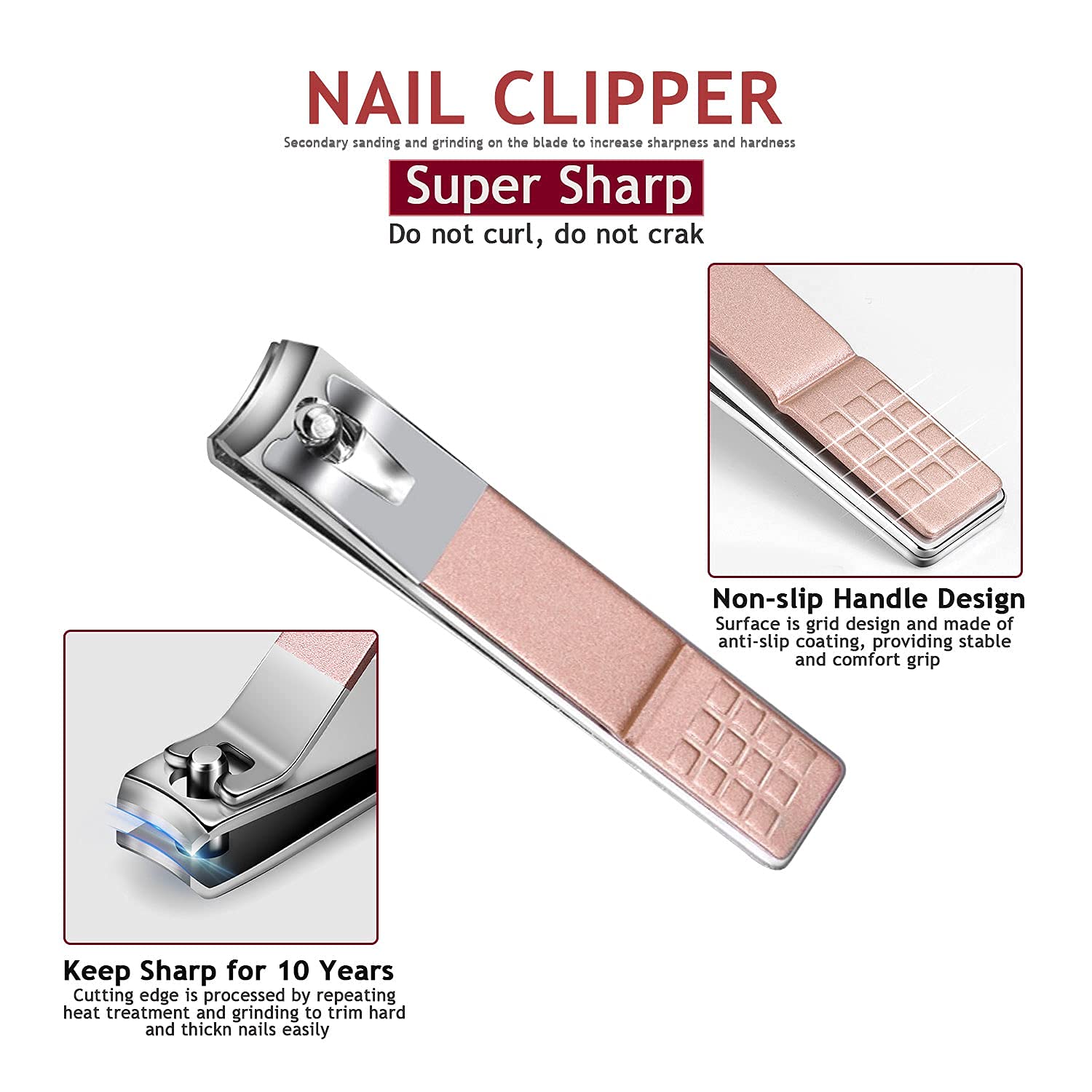 Kit de manucure et pédicure 5 pièces en acier inoxydable - Kit de manucure professionnel - Outils de soin des ongles - Avec étui de voyage en cuir luxueux pour homme et femme - Or rose