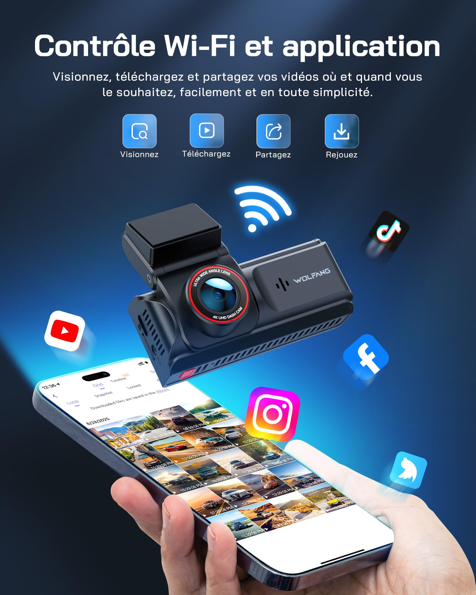 WOLFANG 4K Dashcam Voiture Avant Arrière, Wi-FI Caméra Voiture, IPS de 3", Grand Angle 170°, G-Capteur, WDR, Mode Stationnement 24H, Vision Nocturne, Enregistrement en Boucle