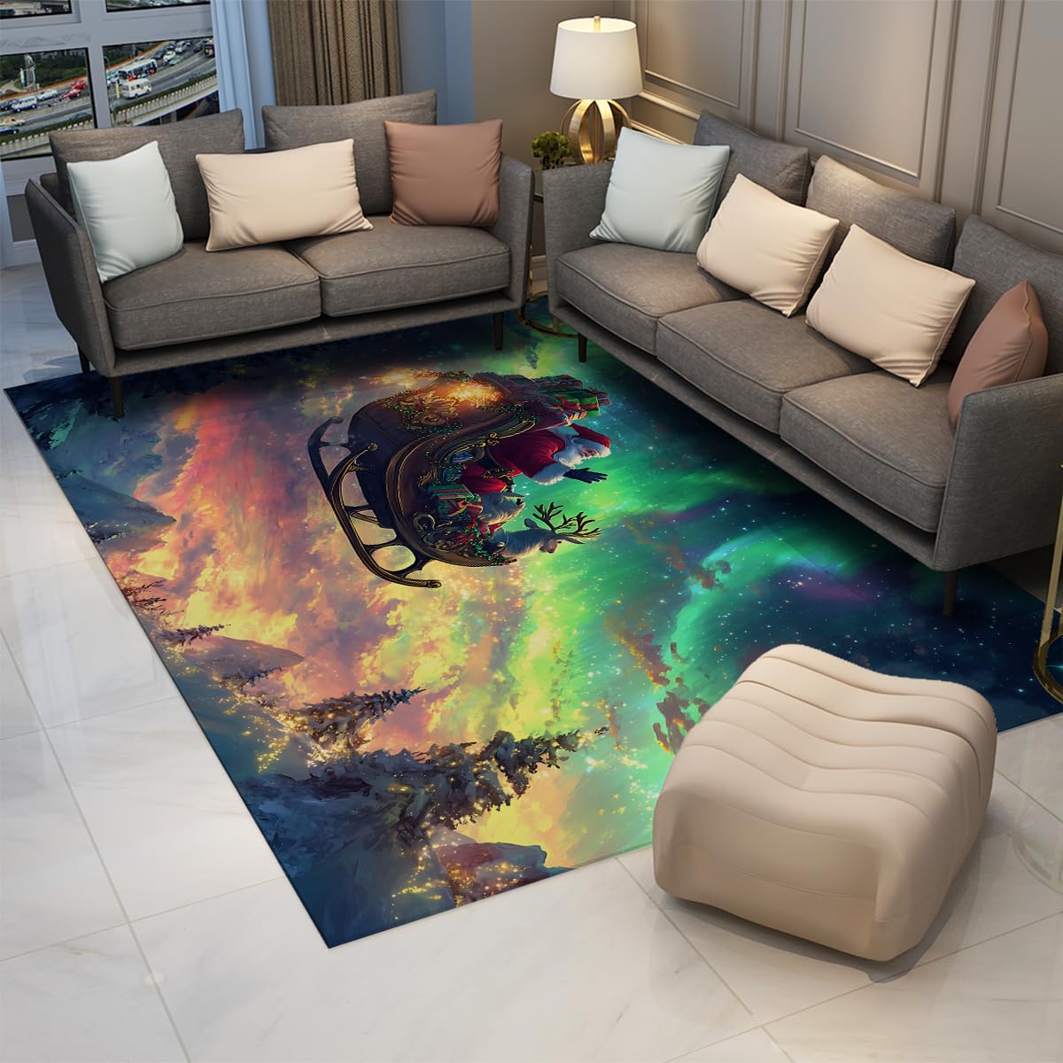 Dywan 160 x 200 cm Święty Mikołaj Cienki Składany Można prać w pralce Gabinet Wzór Aurora Odporne Antypoślizgowe Plamy Podłoga Niski Włosie Dekoracja Impreza Sypialnia Jadalnia