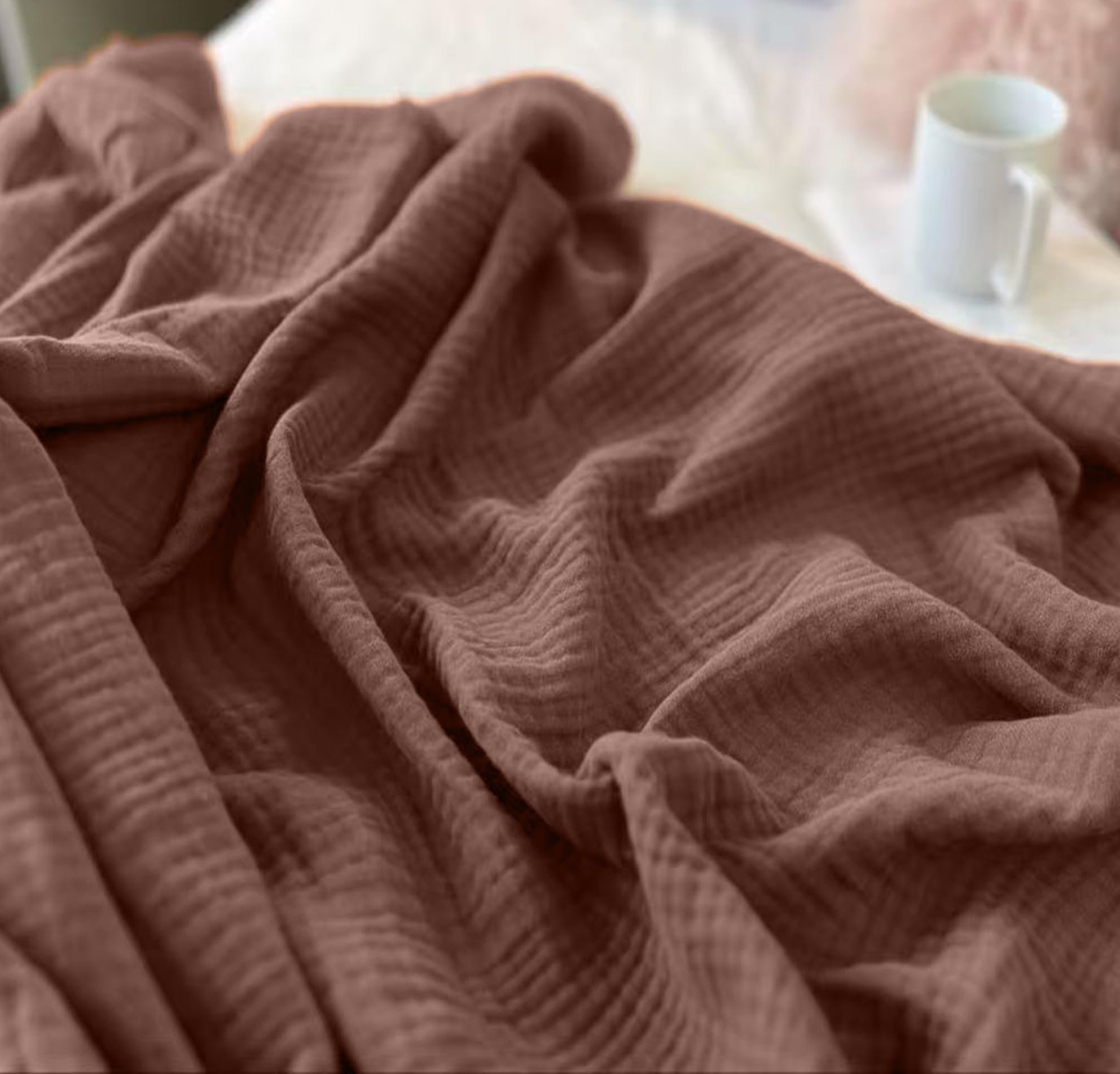 KyraHome 100% Organic Cotton 90"x90" Queen Size Muslin Cotton Blanket for Adult, Kid, Couch, Plant Dyed, Breathable Lightweight Gauze Throw Blanket for Bed, All Season, (Brown)