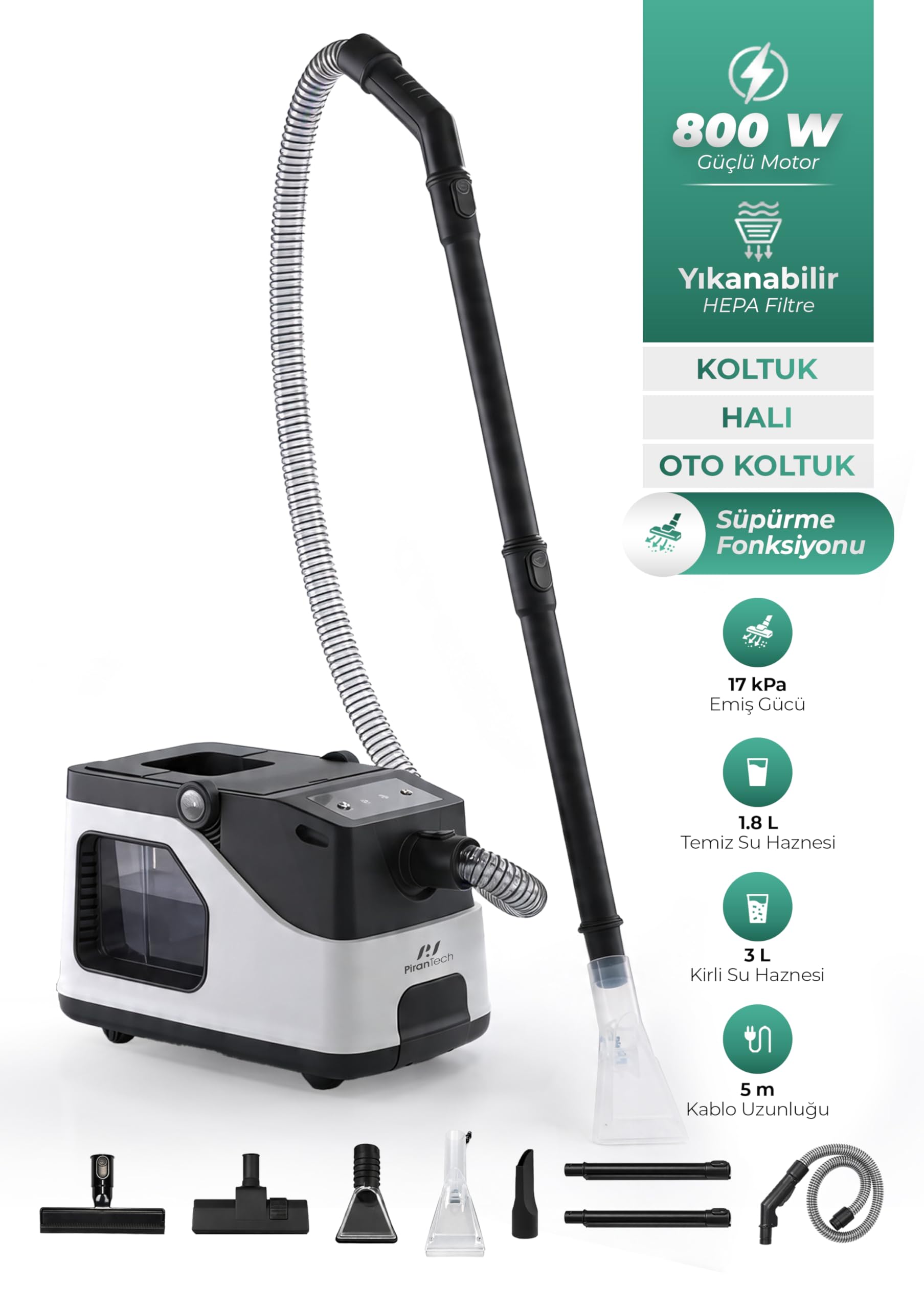 KT-503 Premium Koltuk & Halı Yıkama Makinesi (800W | 17 kPa) | Güçlü Emiş Gücü ile Kirleri Kolayca Çözer