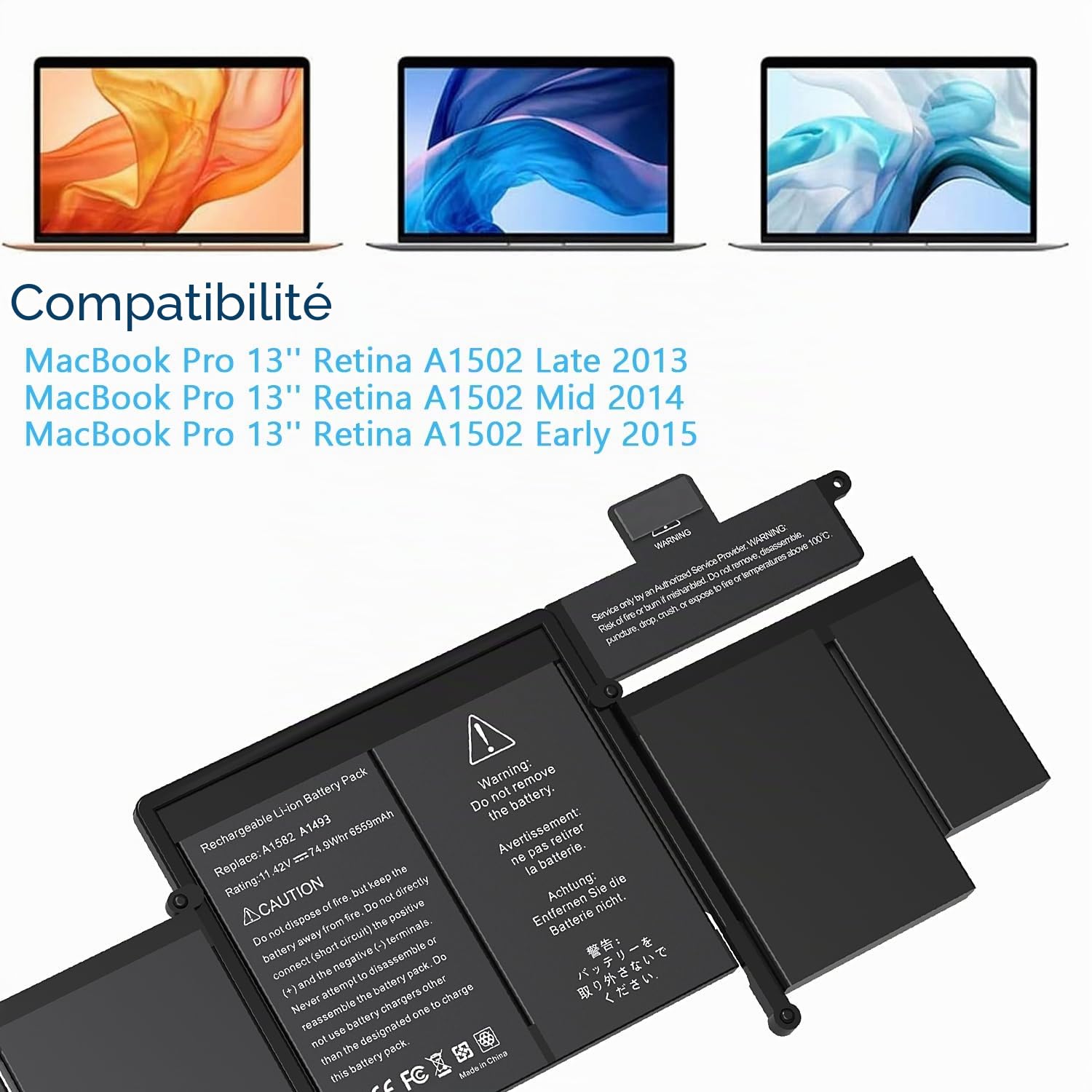 A1502 A1493 A1582 Batterie de Rechange pour Ordinateur Portable Mac Book Pro 13" Retina Fin 2013 mi-2014 et début 2015 MF839LL/A MF841LL/A MJLU2LL/A MGX72LL/A ME867LL/A ME864LL/A EMC26788