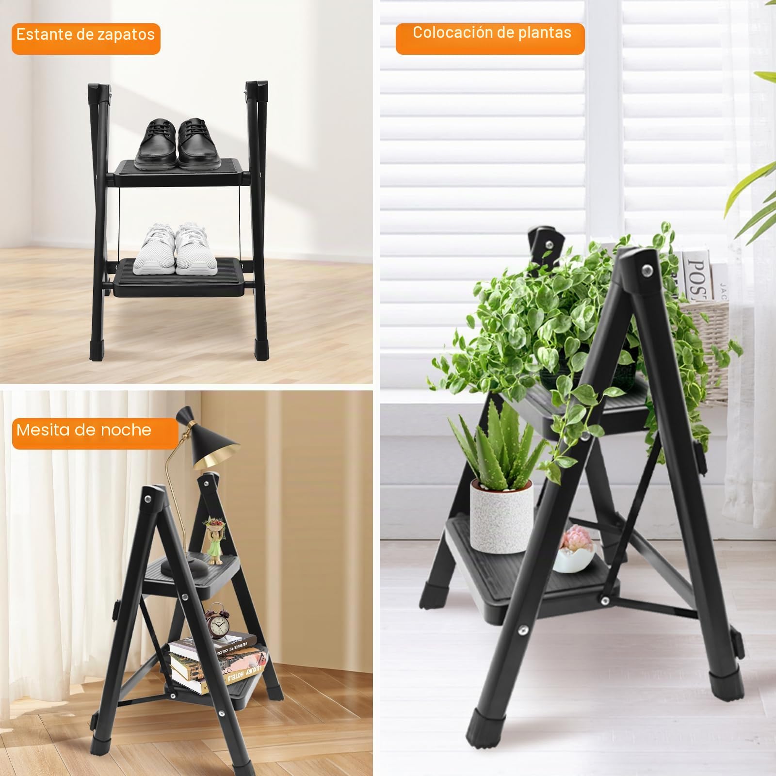 Escalera Plegable 2 Peldaños, Escalera Portátil con Pedales Anchos y Patas Antideslizantes, Escadote Ligera Pequeña para Hogar, Cocina, Interiores, Exteriores, Negro