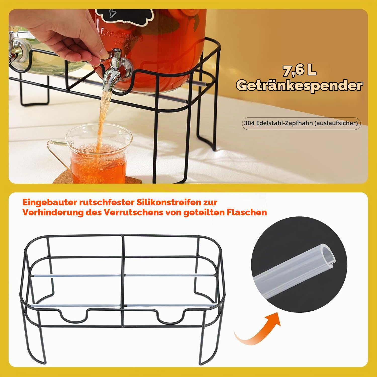 2 x 4-Liter-Getränkespender mit Ständer, Glas-Getränkespender mit Zapfhahn aus massivem Edelstahl für Eistee, Wasser, hausgemachte Getränke, Partys, Hochzeiten