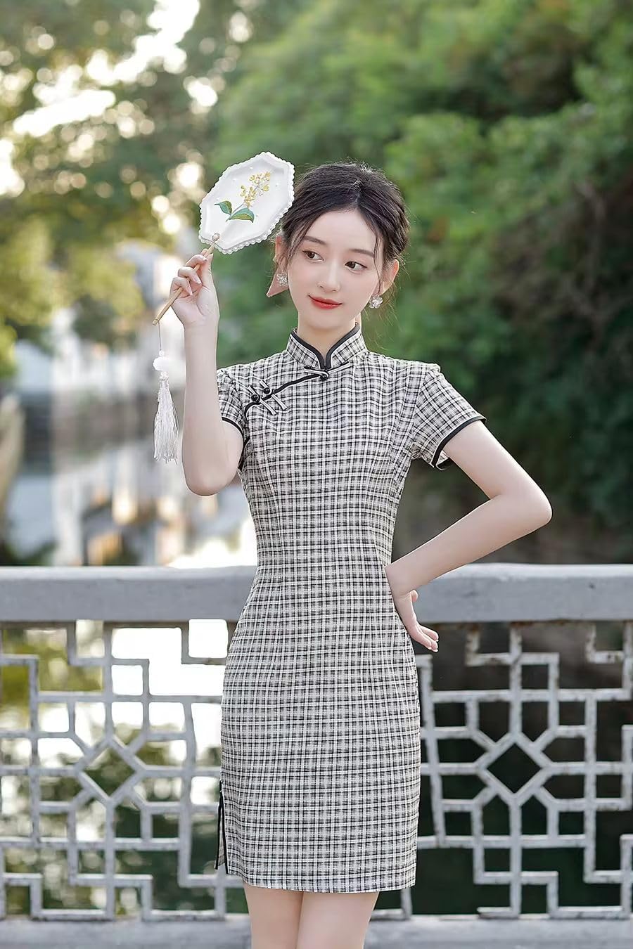 中国風のチェック柄チャイナドレス女性夏痩身デイリー袍ドレス