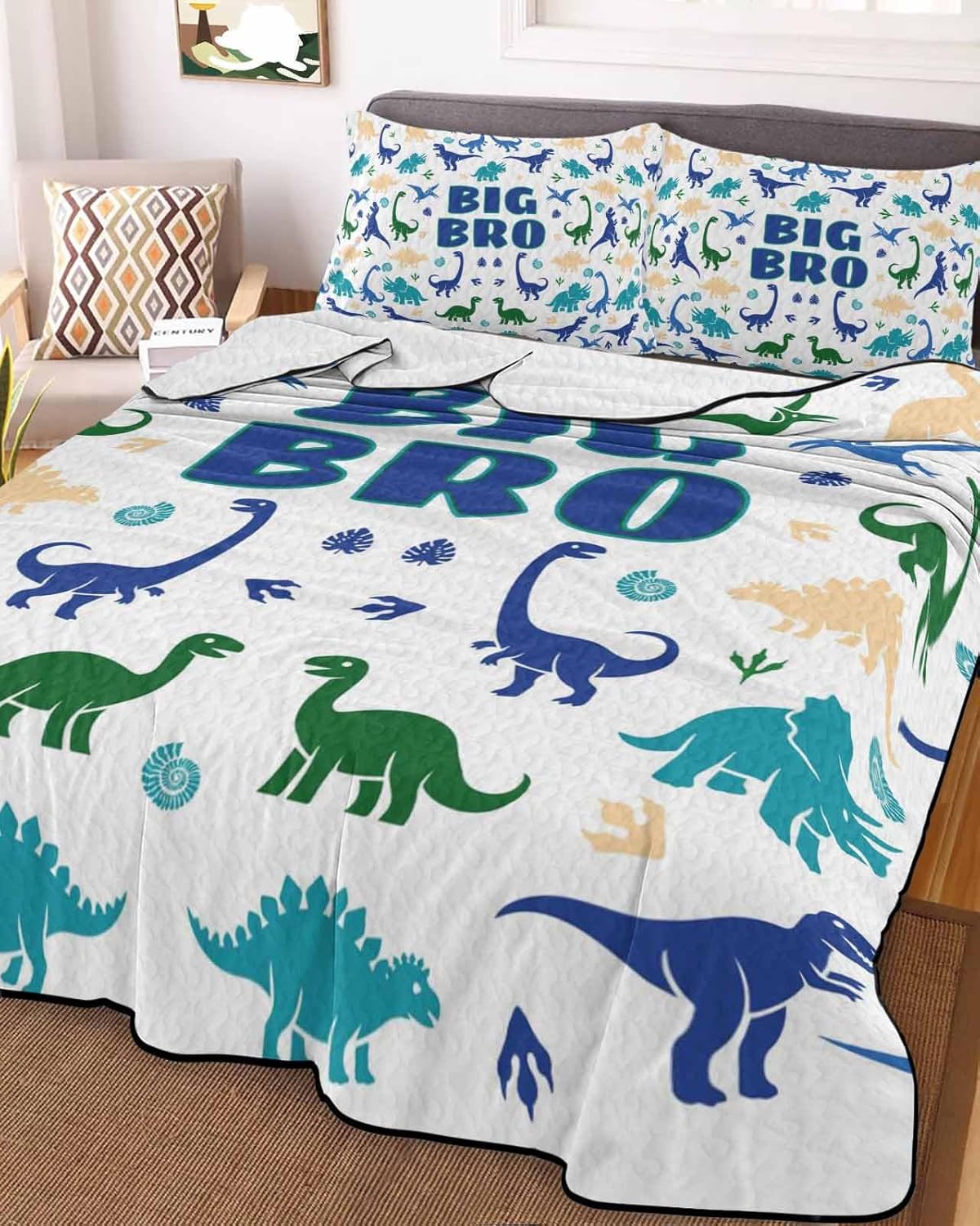 Twin XL Quilt Bedding Set, Funny Dinosaur Reversible Summer Quilt 3 Pieces, Cute Dino Blue Cartoon Boys Girls Children Lightweight Bedspreads Coverlets with 2 Pillow Shams for All Seasons